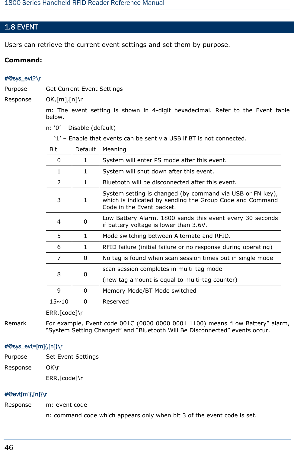 46  1800 Series Handheld RFID Reader Reference Manual  1.8 EVENT Users can retrieve the current event settings and set them by purpose. Command: #@sys_evt?\r  Purpose  Get Current Event Settings Response OK,[m],[n]\r m: The event setting is shown in 4-digit hexadecimal. Refer to the Event table below. n: ‘0’ – Disable (default) ‘1’ – Enable that events can be sent via USB if BT is not connected. Bit Default Meaning 0  1  System will enter PS mode after this event. 1  1  System will shut down after this event. 2  1  Bluetooth will be disconnected after this event. 3 1 System setting is changed (by command via USB or FN key), which is indicated by sending the Group Code and Command Code in the Event packet. 4 0 Low Battery Alarm. 1800 sends this event every 30 seconds if battery voltage is lower than 3.6V. 5  1  Mode switching between Alternate and RFID. 6  1  RFID failure (initial failure or no response during operating) 7  0  No tag is found when scan session times out in single mode 8 0 scan session completes in multi-tag mode (new tag amount is equal to multi-tag counter) 9  0  Memory Mode/BT Mode switched 15~10 0 Reserved ERR,[code]\r Remark  For example, Event code 001C (0000 0000 0001 1100) means “Low Battery” alarm, “System Setting Changed” and “Bluetooth Will Be Disconnected” events occur. #@sys_evt=[m]{,[n]}\r Purpose  Set Event Settings Response OK\r ERR,[code]\r #@evt[m]{,[n]}\r Response  m: event code n: command code which appears only when bit 3 of the event code is set. 