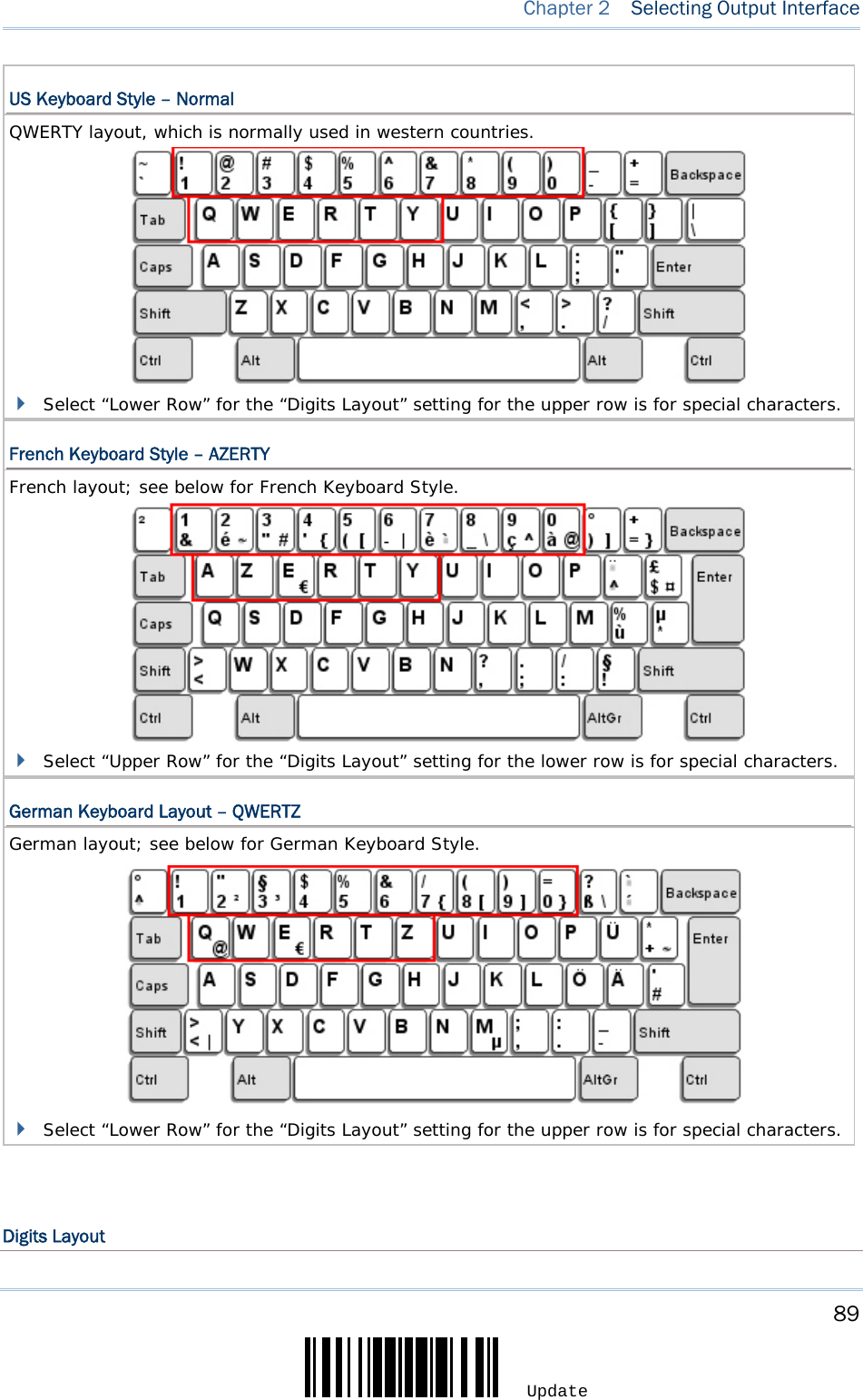     89 Update  Chapter 2   Selecting Output Interface US Keyboard Style – Normal QWERTY layout, which is normally used in western countries.                  Select “Lower Row” for the “Digits Layout” setting for the upper row is for special characters.  French Keyboard Style – AZERTY French layout; see below for French Keyboard Style.                  Select “Upper Row” for the “Digits Layout” setting for the lower row is for special characters.  German Keyboard Layout – QWERTZ German layout; see below for German Keyboard Style.                Select “Lower Row” for the “Digits Layout” setting for the upper row is for special characters.     Digits Layout 