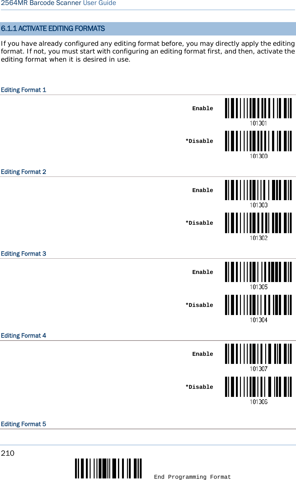 210  End Programming Format 2564MR Barcode Scanner User Guide  6.1.1 ACTIVATE EDITING FORMATS If you have already configured any editing format before, you may directly apply the editing format. If not, you must start with configuring an editing format first, and then, activate the editing format when it is desired in use.  Editing Format 1  Enable *DisableEditing Format 2  Enable *DisableEditing Format 3  Enable *DisableEditing Format 4  Enable *Disable Editing Format 5 