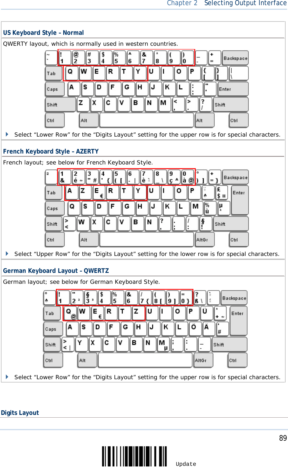  Chapter 2  Selecting Output Interface  US Keyboard Style – Normal QWERTY layout, which is normally used in western countries.                  Select “Lower Row” for the “Digits Layout” setting for the upper row is for special characters.  French Keyboard Style – AZERTY French layout; see below for French Keyboard Style.                  Select “Upper Row” for the “Digits Layout” setting for the lower row is for special characters.  German Keyboard Layout – QWERTZ German layout; see below for German Keyboard Style.                Select “Lower Row” for the “Digits Layout” setting for the upper row is for special characters.     Digits Layout     89 Update 
