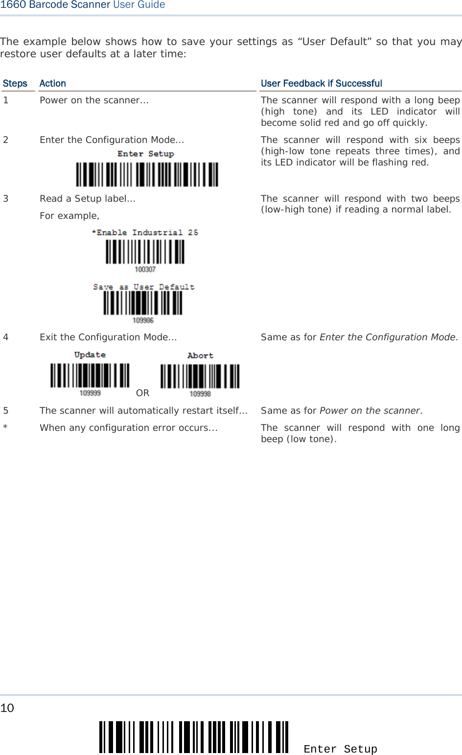 10 Enter Setup 1660 Barcode Scanner User Guide  The example below shows how to save your settings as “User Default” so that you may restore user defaults at a later time: Steps  Action  User Feedback if Successful 1  Power on the scanner… The scanner will respond with a long beep (high tone) and its LED indicator will become solid red and go off quickly. 2  Enter the Configuration Mode… The scanner will respond with six beeps (high-low tone repeats three times), and its LED indicator will be flashing red.  3  Read a Setup label… For example,               The scanner will respond with two beeps (low-high tone) if reading a normal label. 4  Exit the Configuration Mode…     OR    Same as for Enter the Configuration Mode. 5  The scanner will automatically restart itself…  Same as for Power on the scanner. *  When any configuration error occurs... The scanner will respond with one long beep (low tone).  