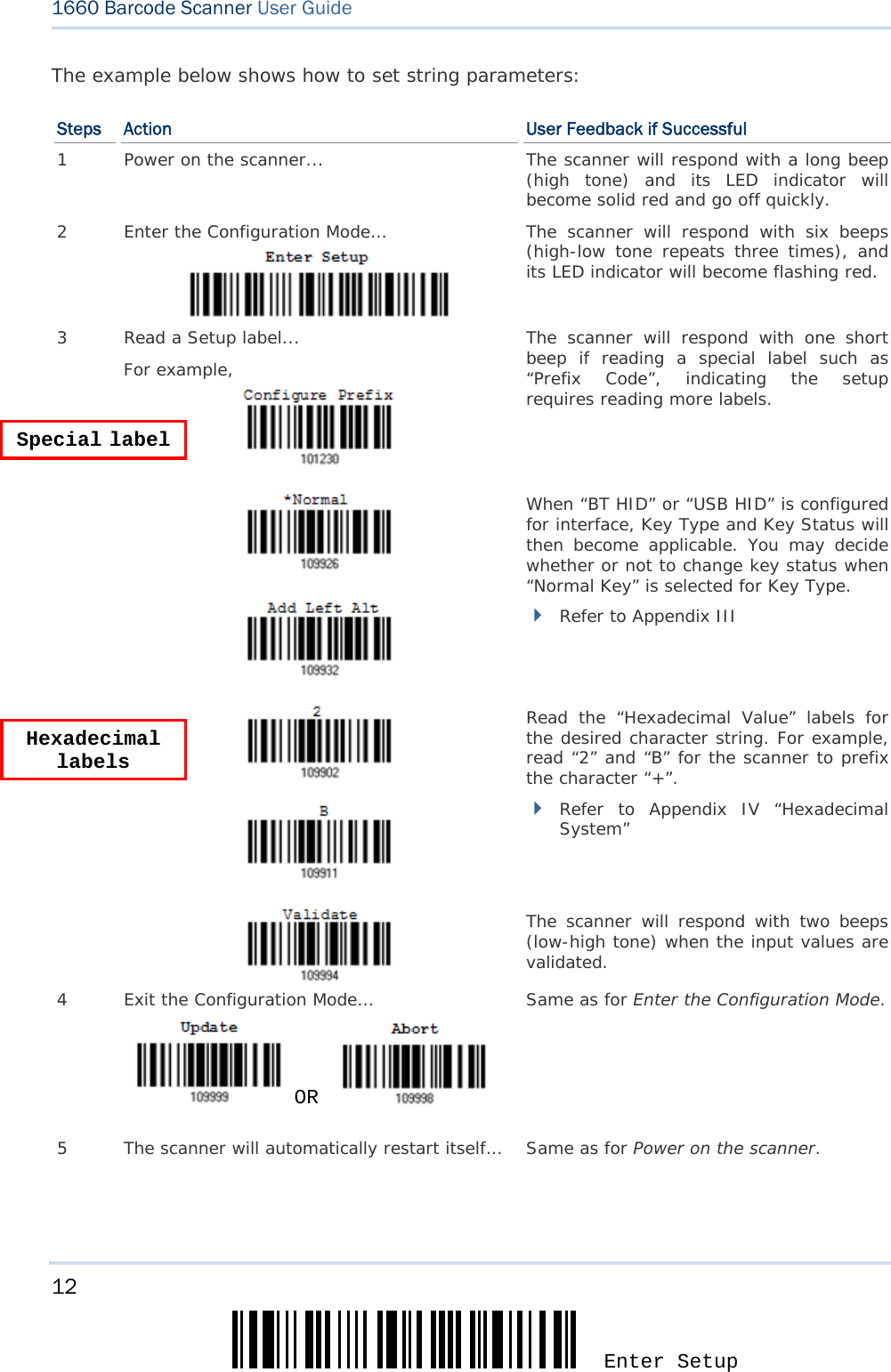 12 Enter Setup 1660 Barcode Scanner User Guide  The example below shows how to set string parameters: Steps  Action  User Feedback if Successful 1  Power on the scanner... The scanner will respond with a long beep (high tone) and its LED indicator will become solid red and go off quickly. 2  Enter the Configuration Mode…  The scanner will respond with six beeps (high-low tone repeats three times), and its LED indicator will become flashing red.  3  Read a Setup label... For example,   The scanner will respond with one short beep if reading a special label such as “Prefix Code”, indicating the setup requires reading more labels.       When “BT HID” or “USB HID” is configured for interface, Key Type and Key Status will then become applicable. You may decide whether or not to change key status when “Normal Key” is selected for Key Type.  Refer to Appendix III     Read the “Hexadecimal Value” labels for the desired character string. For example, read “2” and “B” for the scanner to prefix the character “+”.  Refer to Appendix IV “Hexadecimal System”   The scanner will respond with two beeps (low-high tone) when the input values are validated. 4  Exit the Configuration Mode…   OR     Same as for Enter the Configuration Mode. 5  The scanner will automatically restart itself…  Same as for Power on the scanner.  Special label Hexadecimal labels 