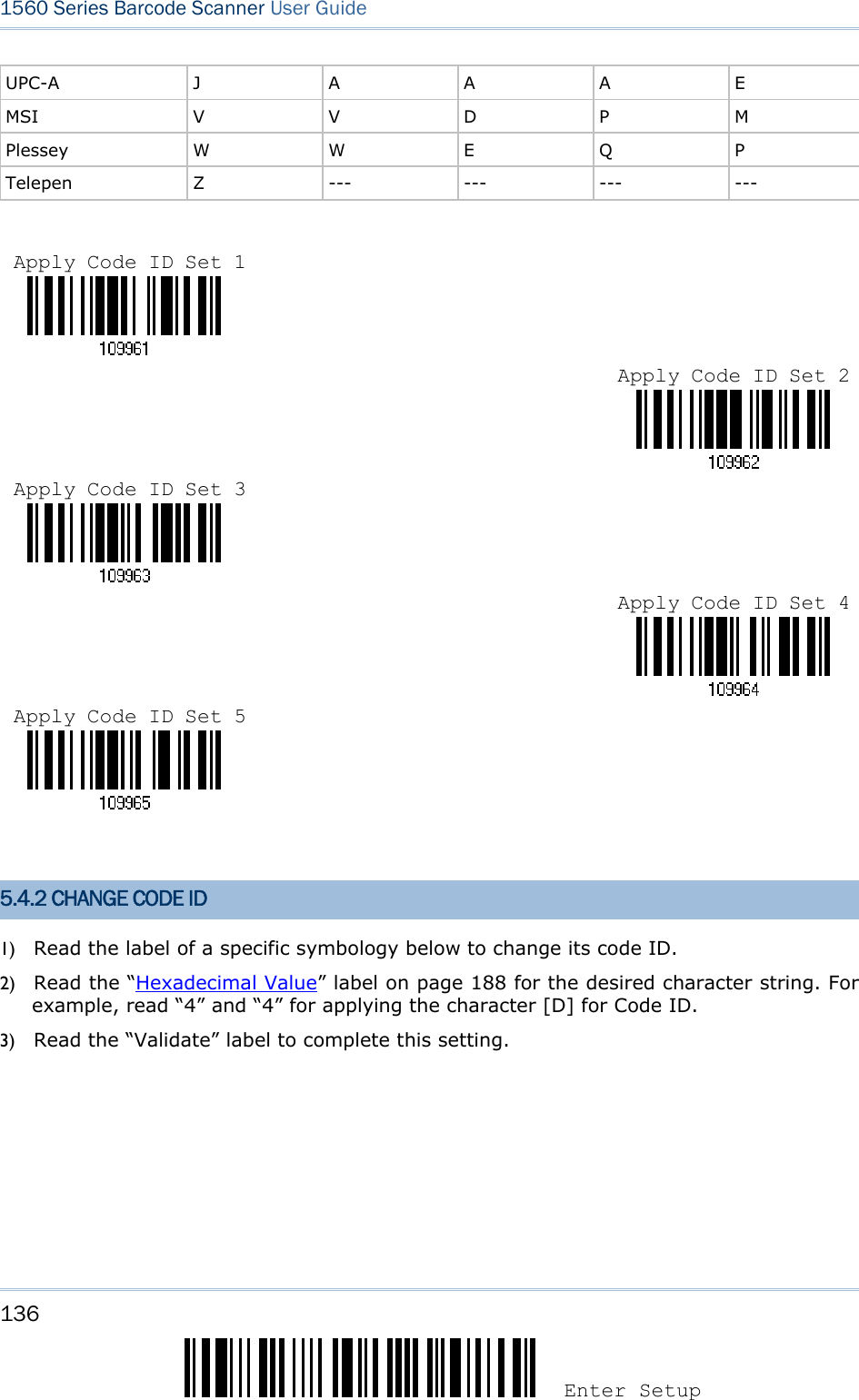 136 Enter Setup 1560 Series Barcode Scanner User Guide  UPC-A  J  A A A E MSI V V D P M Plessey W W E Q P Telepen  Z  --- --- --- ---          5.4.2 CHANGE CODE ID 1) Read the label of a specific symbology below to change its code ID. 2) Read the “Hexadecimal Value” label on page 188 for the desired character string. For example, read “4” and “4” for applying the character [D] for Code ID. 3) Read the “Validate” label to complete this setting. Apply Code ID Set 1 Apply Code ID Set 2Apply Code ID Set 3 Apply Code ID Set 4Apply Code ID Set 5 