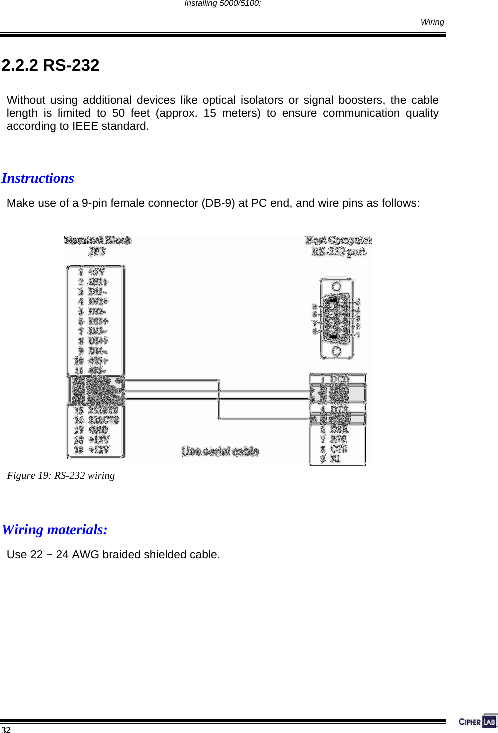  32                                                                                     Installing 5000/5100:    Wiring 2.2.2 RS-232 Without using additional devices like optical isolators or signal boosters, the cable length is limited to 50 feet (approx. 15 meters) to ensure communication quality according to IEEE standard.   Instructions Make use of a 9-pin female connector (DB-9) at PC end, and wire pins as follows:               Figure 19: RS-232 wiring   Wiring materials: Use 22 ~ 24 AWG braided shielded cable.         