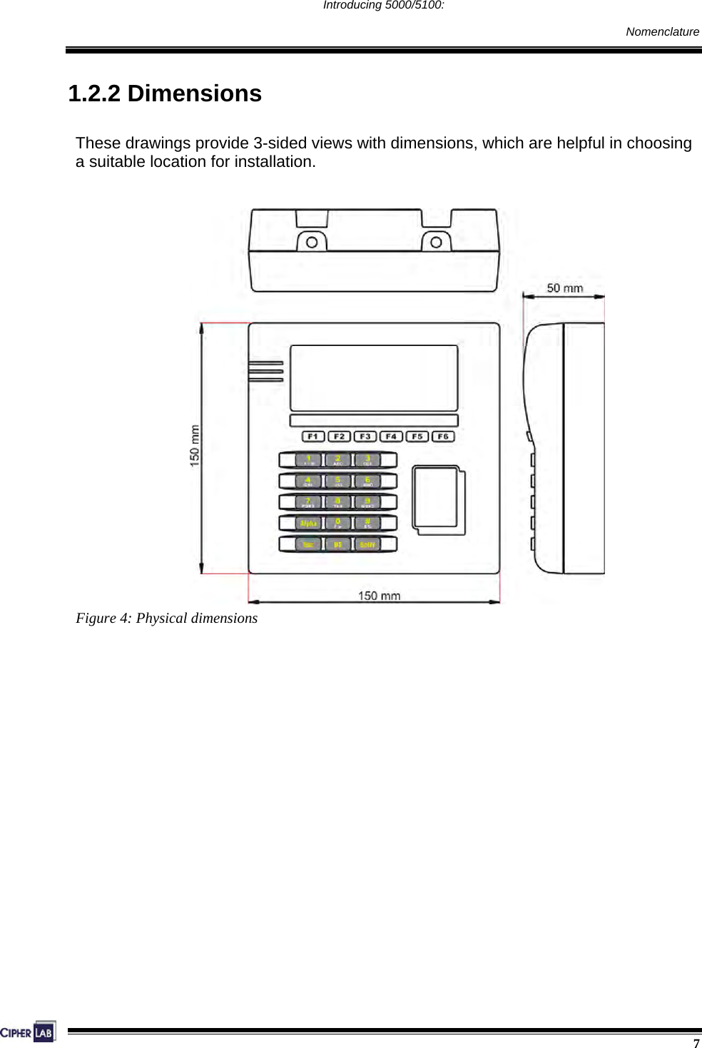  7  Introducing 5000/5100:     Nomenclature  1.2.2 Dimensions These drawings provide 3-sided views with dimensions, which are helpful in choosing a suitable location for installation.                   Figure 4: Physical dimensions     