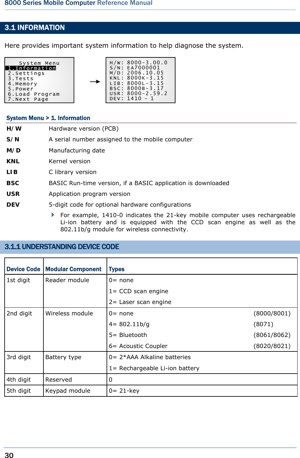 30  8000 Series Mobile Computer Reference Manual  3.1 INFORMATION Here provides important system information to help diagnose the system.    System Menu &gt; 1. Information H/W Hardware version (PCB) S/N  A serial number assigned to the mobile computer M/D  Manufacturing date KNL  Kernel version LIB  BSC C library version   BASIC Run-time version, if a BASIC application is downloaded USR  Application program version DEV  5-digit code for optional hardware configurations  For example, 1410-0 indicates the 21-key mobile computer uses rechargeable Li-ion battery and is equipped with the CCD scan engine as well as the 802.11b/g module for wireless connectivity.  3.1.1 UNDERSTANDING DEVICE CODE Device Code  Modular Component  Types 1st digit  Reader module  0= none 1= CCD scan engine   2= Laser scan engine   2nd digit  Wireless module  0= none 4= 802.11b/g 5= Bluetooth 6= Acoustic Coupler (8000/8001) (8071) (8061/8062) (8020/8021) 3rd digit  Battery type  0= 2*AAA Alkaline batteries 1= Rechargeable Li-ion battery 4th digit  Reserved  0 5th digit  Keypad module  0= 21-key    