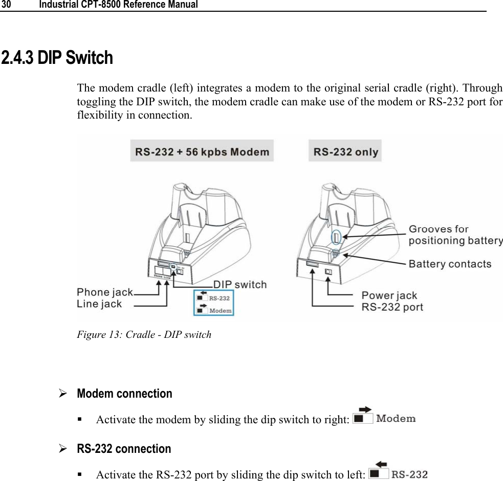  30  Industrial CPT-8500 Reference Manual  2.4.3 DIP Switch The modem cradle (left) integrates a modem to the original serial cradle (right). Through toggling the DIP switch, the modem cradle can make use of the modem or RS-232 port for flexibility in connection.  Figure 13: Cradle - DIP switch  ¾ Modem connection  Activate the modem by sliding the dip switch to right:   ¾ RS-232 connection  Activate the RS-232 port by sliding the dip switch to left:       