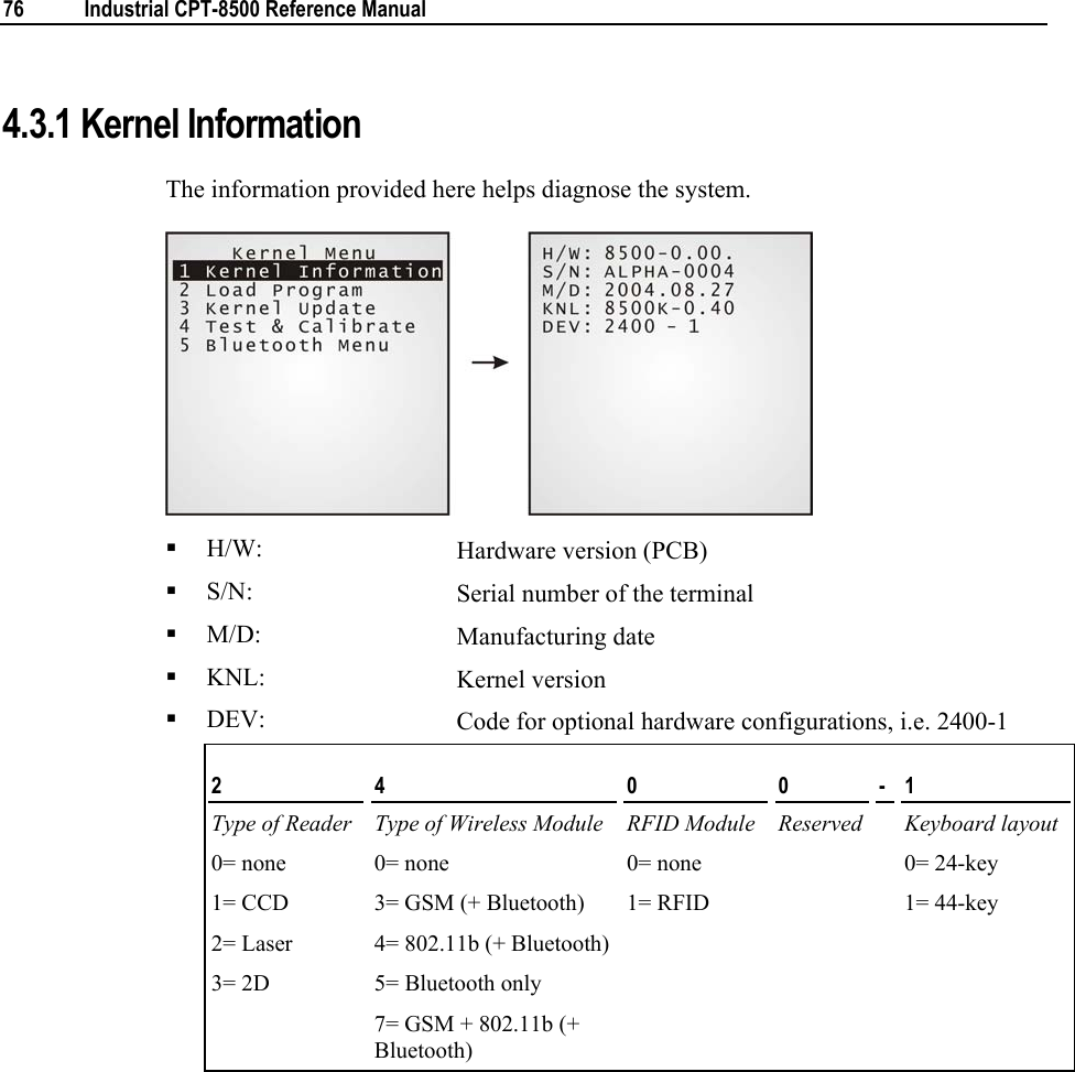  76  Industrial CPT-8500 Reference Manual  4.3.1 Kernel Information The information provided here helps diagnose the system.   H/W:  Hardware version (PCB)  S/N:  Serial number of the terminal  M/D:  Manufacturing date  KNL:  Kernel version  DEV:  Code for optional hardware configurations, i.e. 2400-1 2  4  0  0  -  1 Type of Reader Type of Wireless Module RFID Module Reserved  Keyboard layout 0= none 1= CCD 2= Laser 3= 2D   0= none 3= GSM (+ Bluetooth) 4= 802.11b (+ Bluetooth) 5= Bluetooth only 7= GSM + 802.11b (+ Bluetooth) 0= none 1= RFID   0= 24-key 1= 44-key   