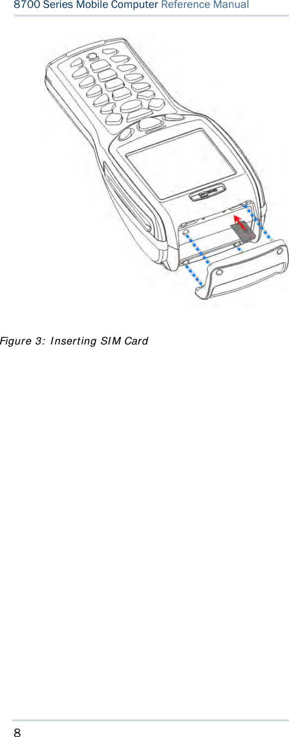 8  8700 Series Mobile Computer Reference Manual                 Figure 3:  I nserting SI M Card 