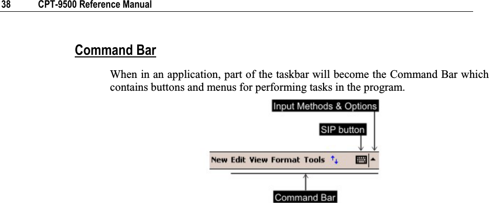 38  CPT-9500 Reference Manual Command BarWhen in an application, part of the taskbar will become the Command Bar which contains buttons and menus for performing tasks in the program. 