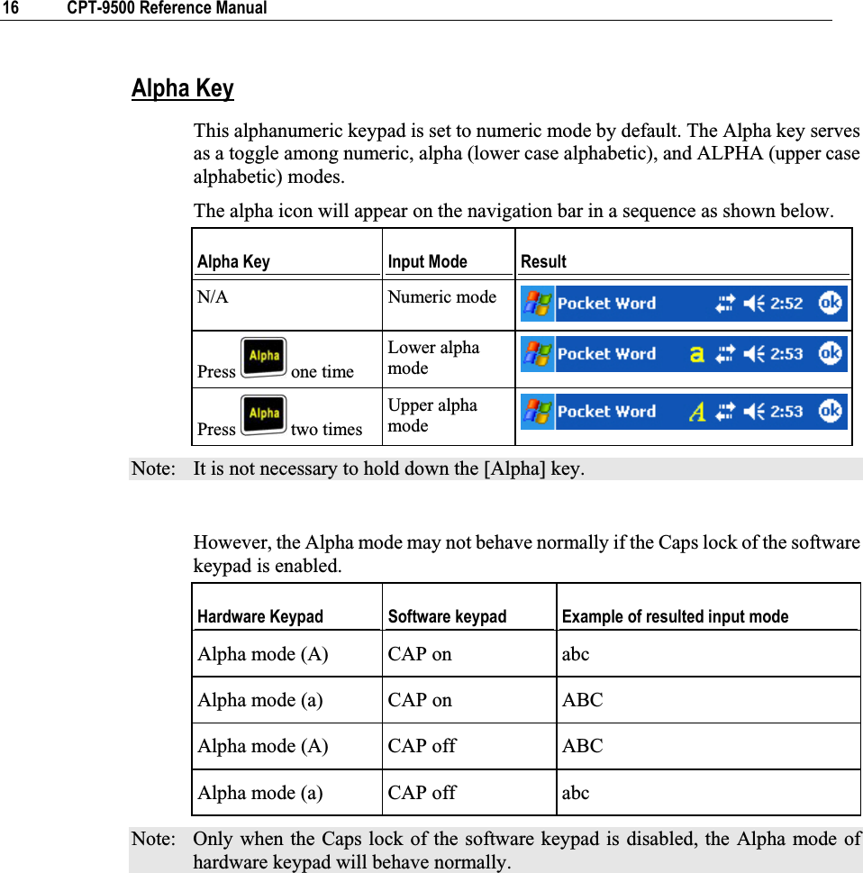 16  CPT-9500 Reference Manual Alpha KeyThis alphanumeric keypad is set to numeric mode by default. The Alpha key serves as a toggle among numeric, alpha (lower case alphabetic), and ALPHA (upper case alphabetic) modes.  The alpha icon will appear on the navigation bar in a sequence as shown below.  Alpha Key  Input Mode  Result N/A Numeric mode Press   one time Lower alpha mode Press   two times Upper alpha mode Note:  It is not necessary to hold down the [Alpha] key. However, the Alpha mode may not behave normally if the Caps lock of the software keypad is enabled. Hardware Keypad  Software keypad  Example of resulted input mode Alpha mode (A)  CAP on  abc Alpha mode (a)  CAP on  ABC Alpha mode (A)  CAP off  ABC Alpha mode (a)  CAP off  abc Note:  Only when the Caps lock of the software keypad is disabled, the Alpha mode of hardware keypad will behave normally. 