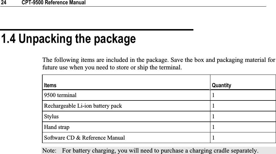 24  CPT-9500 Reference Manual 1.4 Unpacking the package The following items are included in the package. Save the box and packaging material for future use when you need to store or ship the terminal. Items  Quantity 9500 terminal  1 Rechargeable Li-ion battery pack  1 Stylus 1 Hand strap  1 Software CD &amp; Reference Manual  1 Note:  For battery charging, you will need to purchase a charging cradle separately. 