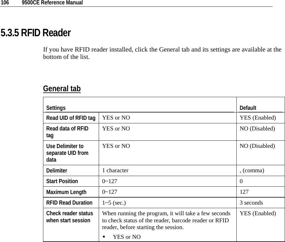  106  9500CE Reference Manual  5.3.5 RFID Reader  If you have RFID reader installed, click the General tab and its settings are available at the bottom of the list.  General tab Settings  Default Read UID of RFID tag  YES or NO  YES (Enabled) Read data of RFID tag  YES or NO  NO (Disabled) Use Delimiter to separate UID from data YES or NO  NO (Disabled) Delimiter  1 character  , (comma) Start Position  0~127 0 Maximum Length  0~127 127 RFID Read Duration  1~5 (sec.)  3 seconds Check reader status when start session  When running the program, it will take a few seconds to check status of the reader, barcode reader or RFID reader, before starting the session.  YES or NO YES (Enabled)   