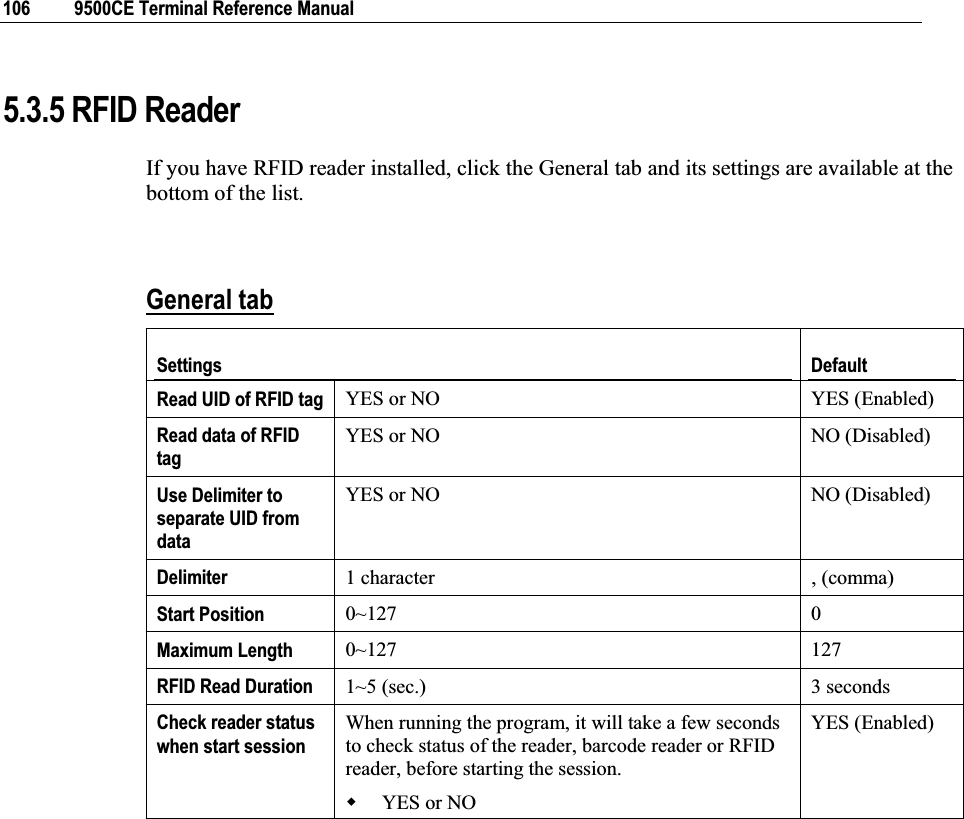 106  9500CE Terminal Reference Manual 5.3.5 RFID ReaderIf you have RFID reader installed, click the General tab and its settings are available at the bottom of the list. General tabSettings  Default Read UID of RFID tag  YES or NO  YES (Enabled) Read data of RFID tag YES or NO  NO (Disabled) Use Delimiter to separate UID from data YES or NO  NO (Disabled) Delimiter  1 character  , (comma) Start Position  0~127 0 Maximum Length  0~127 127 RFID Read Duration  1~5 (sec.)  3 seconds Check reader status when start session When running the program, it will take a few seconds to check status of the reader, barcode reader or RFID reader, before starting the session. YES or NO YES (Enabled) 