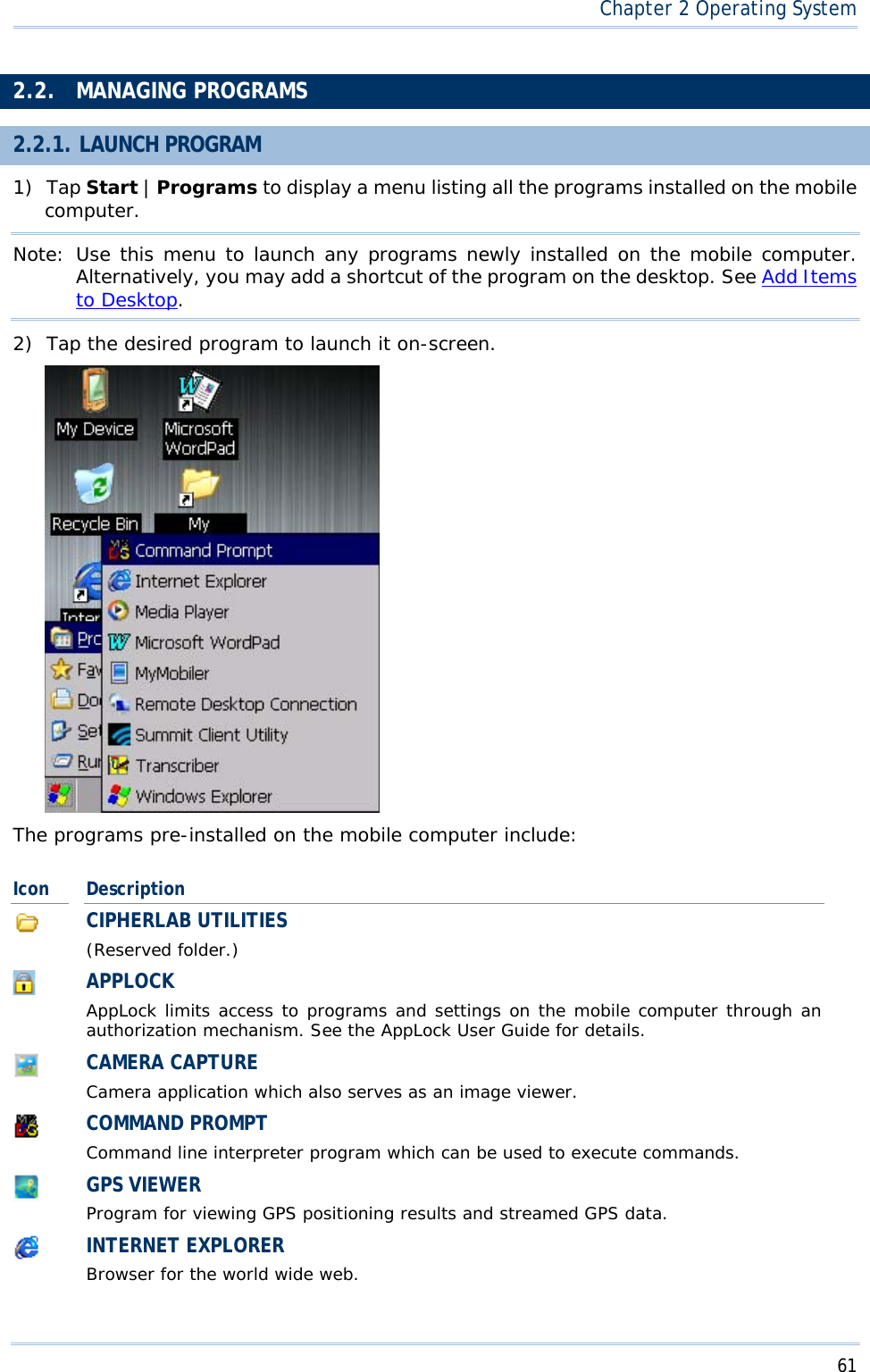 61Chapter 2 Operating System2.2. MANAGING PROGRAMS 2.2.1. LAUNCH PROGRAM 1) Tap Start |Programs to display a menu listing all the programs installed on the mobile computer.Note: Use this menu to launch any programs newly installed on the mobile computer. Alternatively, you may add a shortcut of the program on the desktop. See Add Itemsto Desktop.2) Tap the desired program to launch it on-screen. The programs pre-installed on the mobile computer include: Icon  DescriptionCIPHERLAB UTILITIES (Reserved folder.) APPLOCKAppLock limits access to programs and settings on the mobile computer through an authorization mechanism. See the AppLock User Guide for details. CAMERA CAPTURE Camera application which also serves as an image viewer. COMMAND PROMPT Command line interpreter program which can be used to execute commands. GPS VIEWER Program for viewing GPS positioning results and streamed GPS data. INTERNET EXPLORER Browser for the world wide web. 
