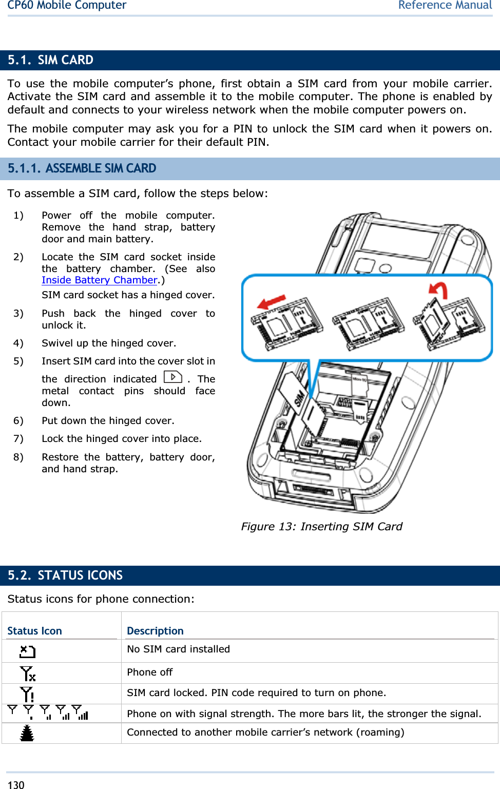130CP60 Mobile Computer Reference Manual5.1. SIM CARD To use the mobile computer’s phone, first obtain a SIM card from your mobile carrier. Activate the SIM card and assemble it to the mobile computer. The phone is enabled by default and connects to your wireless network when the mobile computer powers on. The mobile computer may ask you for a PIN to unlock the SIM card when it powers on. Contact your mobile carrier for their default PIN. 5.1.1. ASSEMBLE SIM CARD To assemble a SIM card, follow the steps below: 1)  Power off the mobile computer. Remove the hand strap, battery door and main battery. 2)  Locate the SIM card socket inside the battery chamber. (See also Inside Battery Chamber.)SIM card socket has a hinged cover.3)  Push back the hinged cover to unlock it. 4)  Swivel up the hinged cover. 5)  Insert SIM card into the cover slot in the direction indicated  . The metal contact pins should face down.6)  Put down the hinged cover. 7)  Lock the hinged cover into place. 8)  Restore the battery, battery door, and hand strap. Figure 13: Inserting SIM Card 5.2. STATUS ICONS Status icons for phone connection: Status Icon  DescriptionNo SIM card installed Phone off SIM card locked. PIN code required to turn on phone. Phone on with signal strength. The more bars lit, the stronger the signal. Connected to another mobile carrier’s network (roaming) 