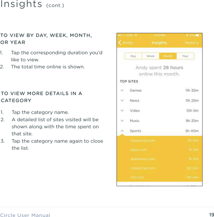 19Circle User ManualInsights (cont.)1. Tap the corresponding duration you&rsquo;d like to view. 2. The total time online is shown.TO VIEW BY DAY, WEEK, MONTH, OR YEAR1. Tap the category name. 2. A detailed list of sites visited will be shown along with the time spent on that site. 3. Tap the category name again to close the list.TO VIEW MORE DETAILS IN A CATEGORY