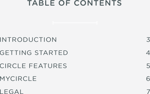 TABLE OF CONTENTSINTRODUCTION GETTING STARTED CIRCLE FEATURES MYCIRCLE LEGAL3 4 5 6 7 