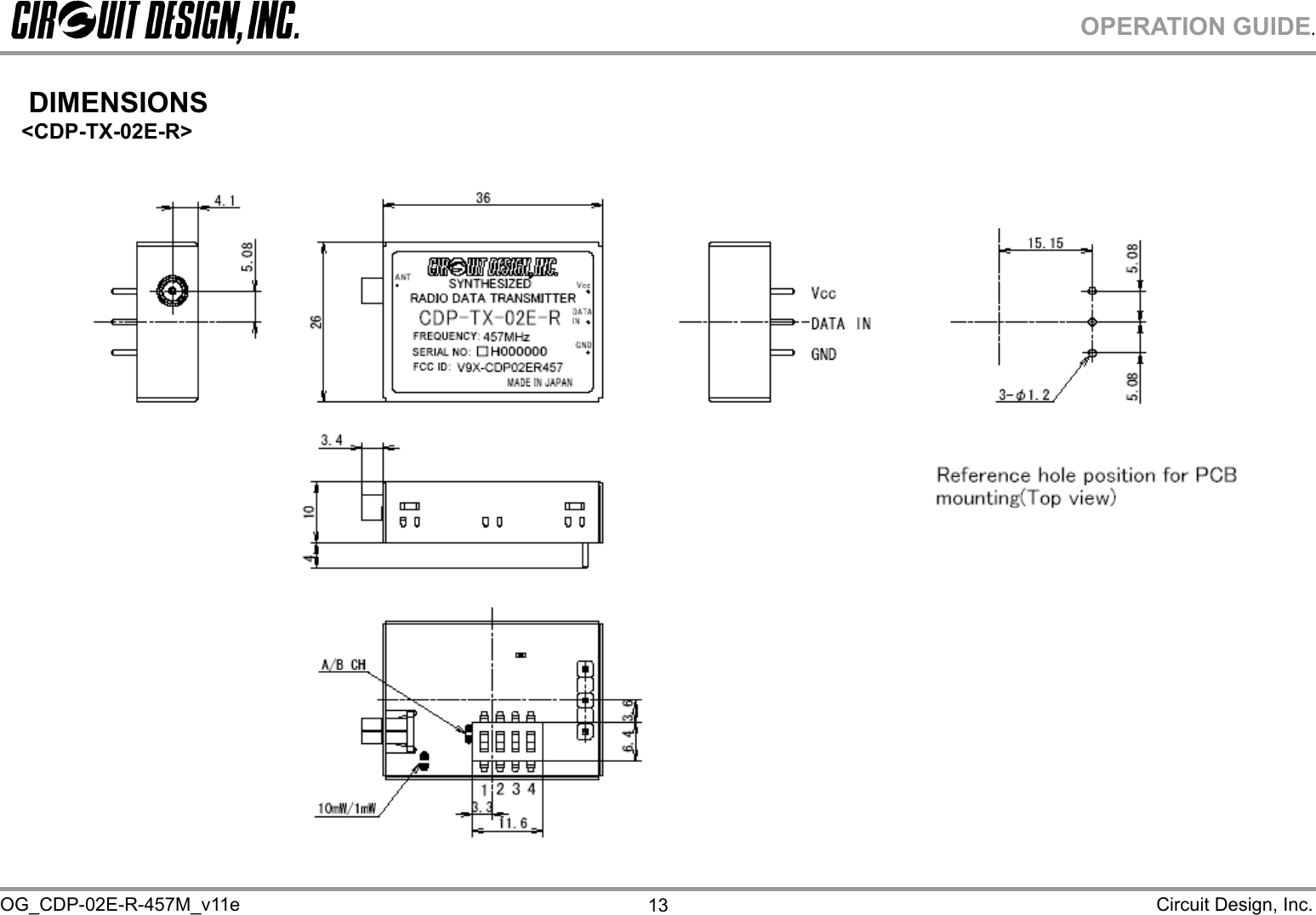 OPERATION GUIDE. OG_CDP-02E-R-457M_v11e                                                                                                                                                                                Circuit Design, Inc. 13 DIMENSIONS   &lt;CDP-TX-02E-R&gt;   