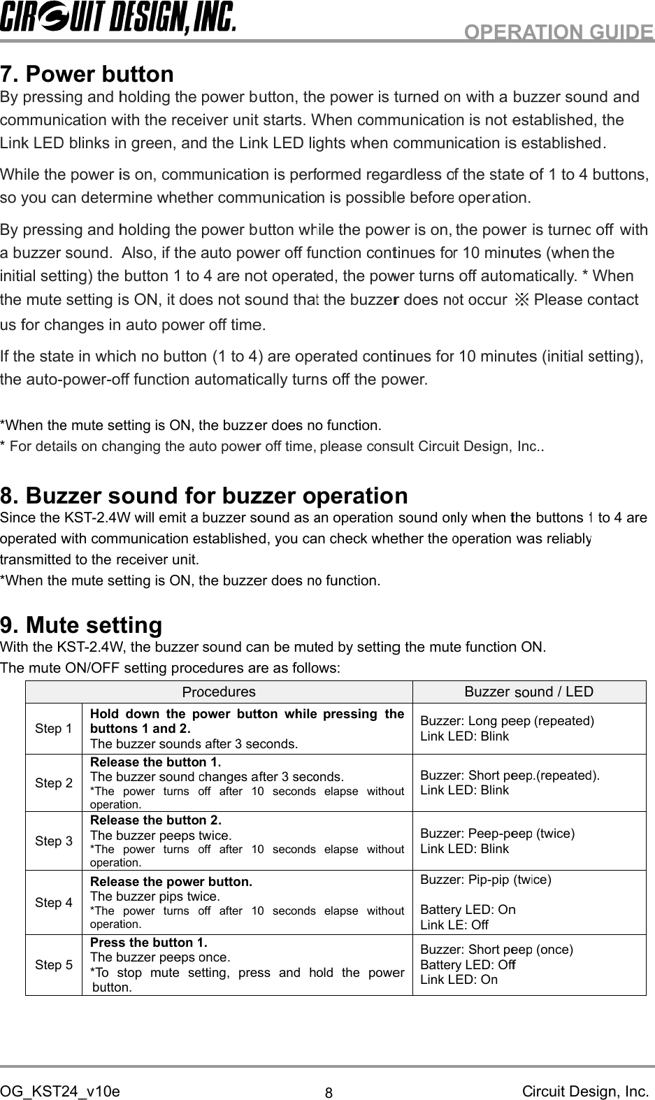 OG_KST24_v7By pressing and holding the power buttoncommunication with theLWhile the power is on, communication is performed regardless of the state ofso you can determine whether communication is possible before operBy pressing and holding the power button while the power is on, the power is turned offa buzzer sound.initial setting) the button 1 to 4 are not operated, the power turthe mute setting is ON, it does not sound that the buzzer does not occurus for changes in auto power off time.Ithe*When the mute setting is ON, the buzz*8Since theoperatedtransmitted to the*When the mute setting is ON, the buzzer does no function.9With theThe muteOG_KST24_v7.By pressing and holding the power buttoncommunication with theLink LEDWhile the power is on, communication is performed regardless of the state ofso you can determine whether communication is possible before operBy pressing and holding the power button while the power is on, the power is turned offa buzzer sound.initial setting) the button 1 to 4 are not operated, the power turthe mute setting is ON, it does not sound that the buzzer does not occurus for changes in auto power off time.If the state in which no buttonthe*When the mute setting is ON, the buzz*For details on changing the auto power off time, please consult8.Since theoperatedtransmitted to the*When the mute setting is ON, the buzzer does no function.9.With theThe muteOG_KST24_v.Power buttonBy pressing and holding the power buttoncommunication with theink LEDWhile the power is on, communication is performed regardless of the state ofso you can determine whether communication is possible before operBy pressing and holding the power button while the power is on, the power is turned offa buzzer sound.initial setting) the button 1 to 4 are not operated, the power turthe mute setting is ON, it does not sound that the buzzer does not occurus for changes in auto power off time.f the state in which no buttontheauto*When the mute setting is ON, the buzzFor details on changing the auto power off time, please consult.Buzzer soundSince theoperatedtransmitted to the*When the mute setting is ON, the buzzer does no function..Mute settingWith theThe muteStep 1SteStepStepStepOG_KST24_vPower buttonBy pressing and holding the power buttoncommunication with theink LEDWhile the power is on, communication is performed regardless of the state ofso you can determine whether communication is possible before operBy pressing and holding the power button while the power is on, the power is turned offa buzzer sound.initial setting) the button 1 to 4 are not operated, the power turthe mute setting is ON, it does not sound that the buzzer does not occurus for changes in auto power off time.f the state in which no buttonauto-*When the mute setting is ON, the buzzFor details on changing the auto power off time, please consultBuzzer soundSince theoperatedwithtransmitted to the*When the mute setting is ON, the buzzer does no function.Mute settingWith theKSTThe muteStep 1StepStepStepStepOG_KST24_vPower buttonBy pressing and holding the power buttoncommunication with theink LEDblinksWhile the power is on, communication is performed regardless of the state ofso you can determine whether communication is possible before operBy pressing and holding the power button while the power is on, the power is turned offa buzzer sound.initial setting) the button 1 to 4 are not operated, the power turthe mute setting is ON, it does not sound that the buzzer does not occurus for changes in auto power off time.f the state in which no button-power*When the mute setting is ON, the buzzFor details on changing the auto power off time, please consultBuzzer soundSince theKSTwithtransmitted to the*When the mute setting is ON, the buzzer does no function.Mute settingKSTThe muteON/OFF settingStep 1p2Step3Step4Step5OG_KST24_v10ePower buttonBy pressing and holding the power buttoncommunication with theblinksWhile the power is on, communication is performed regardless of the state ofso you can determine whether communication is possible before operBy pressing and holding the power button while the power is on, the power is turned offa buzzer sound.initial setting) the button 1 to 4 are not operated, the power turthe mute setting is ON, it does not sound that the buzzer does not occurus for changes in auto power off time.f the state in which no buttonpower*When the mute setting is ON, the buzzFor details on changing the auto power off time, please consultBuzzer soundKST-2.4W will emit a buzzer sound as an operation sound only when the buttons 1 to 4 arewithcommunication establishedtransmitted to the*When the mute setting is ON, the buzzer does no function.Mute settingKST-2.4WON/OFF settingHold down the power button while pressingbuttons 1 and 2The buzzer soundRelease the button 1.The buzzer sound changes after 3 seconds.*The power turnsoperation.Release the button 2The buzzer*The power turnsoperation.Release the power button.The buzzer pips*The power turnsoperation.Press the button 1.The buzzer*To stopbutton.10ePower buttonBy pressing and holding the power buttoncommunication with theblinksin green, and theWhile the power is on, communication is performed regardless of the state ofso you can determine whether communication is possible before operBy pressing and holding the power button while the power is on, the power is turned offa buzzer sound.initial setting) the button 1 to 4 are not operated, the power turthe mute setting is ON, it does not sound that the buzzer does not occurus for changes in auto power off time.f the state in which no buttonpower-off function*When the mute setting is ON, the buzzFor details on changing the auto power off time, please consultBuzzer sound2.4W will emit a buzzer sound as an operation sound only when the buttons 1 to 4 arecommunication establishedtransmitted to thereceiver unit.*When the mute setting is ON, the buzzer does no function.Mute setting2.4WON/OFF settingHold down the power button while pressingbuttons 1 and 2The buzzer soundRelease the button 1.The buzzer sound changes after 3 seconds.*The power turnsoperation.Release the button 2The buzzer*The power turnsoperation.Release the power button.The buzzer pips*The power turnsoperation.Press the button 1.The buzzer*To stopbutton.Power buttonBy pressing and holding the power buttoncommunication with thein green, and theWhile the power is on, communication is performed regardless of the state ofso you can determine whether communication is possible before operBy pressing and holding the power button while the power is on, the power is turned offAlso, if the auto power off function continues for 10 minutes (when theinitial setting) the button 1 to 4 are not operated, the power turthe mute setting is ON, it does not sound that the buzzer does not occurus for changes in auto power off time.f the state in which no buttonoff function*When the mute setting is ON, the buzzFor details on changing the auto power off time, please consultBuzzer sound2.4W will emit a buzzer sound as an operation sound only when the buttons 1 to 4 arecommunication establishedreceiver unit.*When the mute setting is ON, the buzzer does no function.Mute setting2.4W, the buzzer sound can be muted by setting theON/OFF settingHold down the power button while pressingbuttons 1 and 2The buzzer soundRelease the button 1.The buzzer sound changes after 3 seconds.*The power turnsoperation.Release the button 2The buzzer*The power turnsoperation.Release the power button.The buzzer pips*The power turnsoperation.Press the button 1.The buzzer*To stopbutton.Power buttonBy pressing and holding the power buttoncommunication with thein green, and theWhile the power is on, communication is performed regardless of the state ofso you can determine whether communication is possible before operBy pressing and holding the power button while the power is on, the power is turned offAlso, if the auto power off function continues for 10 minutes (when theinitial setting) the button 1 to 4 are not operated, the power turthe mute setting is ON, it does not sound that the buzzer does not occurus for changes in auto power off time.f the state in which no buttonoff function*When the mute setting is ON, the buzzFor details on changing the auto power off time, please consultBuzzer sound2.4W will emit a buzzer sound as an operation sound only when the buttons 1 to 4 arecommunication establishedreceiver unit.*When the mute setting is ON, the buzzer does no function.Mute setting, the buzzer sound can be muted by setting theON/OFF settingHold down the power button while pressingbuttons 1 and 2The buzzer soundRelease the button 1.The buzzer sound changes after 3 seconds.*The power turnsoperation.Release the button 2The buzzerpeeps*The power turnsoperation.Release the power button.The buzzer pips*The power turnsoperation.Press the button 1.The buzzerpeeps once*To stopmute settingPower buttonBy pressing and holding the power buttoncommunication with thereceiver unitin green, and theWhile the power is on, communication is performed regardless of the state ofso you can determine whether communication is possible before operBy pressing and holding the power button while the power is on, the power is turned offAlso, if the auto power off function continues for 10 minutes (when theinitial setting) the button 1 to 4 are not operated, the power turthe mute setting is ON, it does not sound that the buzzer does not occurus for changes in auto power off time.f the state in which no buttonoff function*When the mute setting is ON, the buzzFor details on changing the auto power off time, please consultBuzzer sound2.4W will emit a buzzer sound as an operation sound only when the buttons 1 to 4 arecommunication establishedreceiver unit.*When the mute setting is ON, the buzzer does no function.Mute setting, the buzzer sound can be muted by setting theON/OFF settingprocedureHold down the power button while pressingbuttons 1 and 2The buzzer soundRelease the button 1.The buzzer sound changes after 3 seconds.*The power turnsRelease the button 2peeps*The power turnsRelease the power button.The buzzer pips*The power turnsPress the button 1.peeps oncemute settingPower buttonBy pressing and holding the power buttonreceiver unitin green, and theWhile the power is on, communication is performed regardless of the state ofso you can determine whether communication is possible before operBy pressing and holding the power button while the power is on, the power is turned offAlso, if the auto power off function continues for 10 minutes (when theinitial setting) the button 1 to 4 are not operated, the power turthe mute setting is ON, it does not sound that the buzzer does not occurus for changes in auto power off time.f the state in which no buttonoff functionautomatically turn*When the mute setting is ON, the buzzFor details on changing the auto power off time, please consultBuzzer soundfor buzzer operation2.4W will emit a buzzer sound as an operation sound only when the buttons 1 to 4 arecommunication establishedreceiver unit.*When the mute setting is ON, the buzzer does no function., the buzzer sound can be muted by setting theprocedureProceduresHold down the power button while pressingbuttons 1 and 2.The buzzer soundsRelease the button 1.The buzzer sound changes after 3 seconds.*The power turnsoffRelease the button 2peepstwice*The power turnsoffRelease the power button.The buzzer pipstwice*The power turnsoffPress the button 1.peeps oncemute settingBy pressing and holding the power buttonreceiver unitin green, and theWhile the power is on, communication is performed regardless of the state ofso you can determine whether communication is possible before operBy pressing and holding the power button while the power is on, the power is turned offAlso, if the auto power off function continues for 10 minutes (when theinitial setting) the button 1 to 4 are not operated, the power turthe mute setting is ON, it does not sound that the buzzer does not occurus for changes in auto power off time.f the state in which no button(1 to 4)automatically turn*When the mute setting is ON, the buzzFor details on changing the auto power off time, please consultfor buzzer operation2.4W will emit a buzzer sound as an operation sound only when the buttons 1 to 4 arecommunication establishedreceiver unit.*When the mute setting is ON, the buzzer does no function., the buzzer sound can be muted by setting theprocedureProceduresHold down the power button while pressingsafter 3 seconds.Release the button 1.The buzzer sound changes after 3 seconds.offRelease the button 2.twiceoffRelease the power button.twice.offPress the button 1.peeps oncemute settingBy pressing and holding the power buttonreceiver unitin green, and theWhile the power is on, communication is performed regardless of the state ofso you can determine whether communication is possible before operBy pressing and holding the power button while the power is on, the power is turned offAlso, if the auto power off function continues for 10 minutes (when theinitial setting) the button 1 to 4 are not operated, the power turthe mute setting is ON, it does not sound that the buzzer does not occurus for changes in auto power off time.(1 to 4)automatically turn*When the mute setting is ON, the buzzFor details on changing the auto power off time, please consultfor buzzer operation2.4W will emit a buzzer sound as an operation sound only when the buttons 1 to 4 arecommunication established*When the mute setting is ON, the buzzer does no function., the buzzer sound can be muted by setting theproceduresProceduresHold down the power button while pressingafter 3 seconds.Release the button 1.The buzzer sound changes after 3 seconds.after 10 seconds elapse without.twice.after 10 seconds elapse withoutRelease the power button..after 10 seconds elapse withoutpeeps once.mute setting, press and hold the powerBy pressing and holding the power buttonreceiver unitin green, and theLink LEDWhile the power is on, communication is performed regardless of the state ofso you can determine whether communication is possible before operBy pressing and holding the power button while the power is on, the power is turned offAlso, if the auto power off function continues for 10 minutes (when theinitial setting) the button 1 to 4 are not operated, the power turthe mute setting is ON, it does not sound that the buzzer does not occurus for changes in auto power off time.(1 to 4)automatically turn*When the mute setting is ON, the buzzer does no function.For details on changing the auto power off time, please consultfor buzzer operation2.4W will emit a buzzer sound as an operation sound only when the buttons 1 to 4 arecommunication established*When the mute setting is ON, the buzzer does no function., the buzzer sound can be muted by setting thesare as follows:ProceduresHold down the power button while pressingafter 3 seconds.The buzzer sound changes after 3 seconds.after 10 seconds elapse withoutafter 10 seconds elapse withoutRelease the power button.after 10 seconds elapse without, press and hold the powerBy pressing and holding the power buttonreceiver unitstartink LEDWhile the power is on, communication is performed regardless of the state ofso you can determine whether communication is possible before operBy pressing and holding the power button while the power is on, the power is turned offAlso, if the auto power off function continues for 10 minutes (when theinitial setting) the button 1 to 4 are not operated, the power turthe mute setting is ON, it does not sound that the buzzer does not occurus for changes in auto power off time.(1 to 4)are operated continues for 10 minutes (initial setting),automatically turner does no function.For details on changing the auto power off time, please consultfor buzzer operation2.4W will emit a buzzer sound as an operation sound only when the buttons 1 to 4 arecommunication established,you can check whether the operation was reliably*When the mute setting is ON, the buzzer does no function., the buzzer sound can be muted by setting theare as follows:Hold down the power button while pressingafter 3 seconds.The buzzer sound changes after 3 seconds.after 10 seconds elapse withoutafter 10 seconds elapse withoutafter 10 seconds elapse without, press and hold the powerBy pressing and holding the power button,startsink LEDWhile the power is on, communication is performed regardless of the state ofso you can determine whether communication is possible before operBy pressing and holding the power button while the power is on, the power is turned offAlso, if the auto power off function continues for 10 minutes (when theinitial setting) the button 1 to 4 are not operated, the power turthe mute setting is ON, it does not sound that the buzzer does not occurare operated continues for 10 minutes (initial setting),automatically turner does no function.For details on changing the auto power off time, please consultfor buzzer operation2.4W will emit a buzzer sound as an operation sound only when the buttons 1 to 4 areyou can check whether the operation was reliably*When the mute setting is ON, the buzzer does no function., the buzzer sound can be muted by setting theare as follows:Hold down the power button while pressingafter 3 seconds.The buzzer sound changes after 3 seconds.after 10 seconds elapse withoutafter 10 seconds elapse withoutafter 10 seconds elapse without, press and hold the power,the power is turned ons. When communication is not estabink LEDlightsWhile the power is on, communication is performed regardless of the state ofso you can determine whether communication is possible before operBy pressing and holding the power button while the power is on, the power is turned offAlso, if the auto power off function continues for 10 minutes (when theinitial setting) the button 1 to 4 are not operated, the power turthe mute setting is ON, it does not sound that the buzzer does not occurare operated continues for 10 minutes (initial setting),automatically turner does no function.For details on changing the auto power off time, please consultfor buzzer operation2.4W will emit a buzzer sound as an operation sound only when the buttons 1 to 4 areyou can check whether the operation was reliably*When the mute setting is ON, the buzzer does no function., the buzzer sound can be muted by setting theare as follows:Hold down the power button while pressingafter 3 seconds.The buzzer sound changes after 3 seconds.after 10 seconds elapse withoutafter 10 seconds elapse withoutafter 10 seconds elapse without, press and hold the power8the power is turned on. When communication is not establightsWhile the power is on, communication is performed regardless of the state ofso you can determine whether communication is possible before operBy pressing and holding the power button while the power is on, the power is turned offAlso, if the auto power off function continues for 10 minutes (when theinitial setting) the button 1 to 4 are not operated, the power turthe mute setting is ON, it does not sound that the buzzer does not occurare operated continues for 10 minutes (initial setting),automatically turnsoffer does no function.For details on changing the auto power off time, please consultfor buzzer operation2.4W will emit a buzzer sound as an operation sound only when the buttons 1 to 4 areyou can check whether the operation was reliably*When the mute setting is ON, the buzzer does no function., the buzzer sound can be muted by setting theare as follows:Hold down the power button while pressingThe buzzer sound changes after 3 seconds.after 10 seconds elapse withoutafter 10 seconds elapse withoutafter 10 seconds elapse without, press and hold the powerthe power is turned on. When communication is not establightswhen communication is establishedWhile the power is on, communication is performed regardless of the state ofso you can determine whether communication is possible before operBy pressing and holding the power button while the power is on, the power is turned offAlso, if the auto power off function continues for 10 minutes (when theinitial setting) the button 1 to 4 are not operated, the power turthe mute setting is ON, it does not sound that the buzzer does not occurare operated continues for 10 minutes (initial setting),offtheer does no function.For details on changing the auto power off time, please consultfor buzzer operation2.4W will emit a buzzer sound as an operation sound only when the buttons 1 to 4 areyou can check whether the operation was reliably*When the mute setting is ON, the buzzer does no function., the buzzer sound can be muted by setting theare as follows:Hold down the power button while pressingThe buzzer sound changes after 3 seconds.after 10 seconds elapse withoutafter 10 seconds elapse withoutafter 10 seconds elapse without, press and hold the powerthe power is turned on. When communication is not estabwhen communication is establishedWhile the power is on, communication is performed regardless of the state ofso you can determine whether communication is possible before operBy pressing and holding the power button while the power is on, the power is turned offAlso, if the auto power off function continues for 10 minutes (when theinitial setting) the button 1 to 4 are not operated, the power turthe mute setting is ON, it does not sound that the buzzer does not occurare operated continues for 10 minutes (initial setting),theer does no function.For details on changing the auto power off time, please consultfor buzzer operation2.4W will emit a buzzer sound as an operation sound only when the buttons 1 to 4 areyou can check whether the operation was reliably*When the mute setting is ON, the buzzer does no function., the buzzer sound can be muted by setting theHold down the power button while pressingafter 10 seconds elapse withoutafter 10 seconds elapse withoutafter 10 seconds elapse without, press and hold the powerthe power is turned on. When communication is not estabwhen communication is establishedWhile the power is on, communication is performed regardless of the state ofso you can determine whether communication is possible before operBy pressing and holding the power button while the power is on, the power is turned offAlso, if the auto power off function continues for 10 minutes (when theinitial setting) the button 1 to 4 are not operated, the power turthe mute setting is ON, it does not sound that the buzzer does not occurare operated continues for 10 minutes (initial setting),thepowerer does no function.For details on changing the auto power off time, please consultfor buzzer operation2.4W will emit a buzzer sound as an operation sound only when the buttons 1 to 4 areyou can check whether the operation was reliably*When the mute setting is ON, the buzzer does no function., the buzzer sound can be muted by setting theHold down the power button while pressingtheafter 10 seconds elapse withoutafter 10 seconds elapse withoutafter 10 seconds elapse without, press and hold the powerthe power is turned on. When communication is not estabwhen communication is establishedWhile the power is on, communication is performed regardless of the state ofso you can determine whether communication is possible before operBy pressing and holding the power button while the power is on, the power is turned offAlso, if the auto power off function continues for 10 minutes (when theinitial setting) the button 1 to 4 are not operated, the power turthe mute setting is ON, it does not sound that the buzzer does not occurare operated continues for 10 minutes (initial setting),powerFor details on changing the auto power off time, please consultfor buzzer operation2.4W will emit a buzzer sound as an operation sound only when the buttons 1 to 4 areyou can check whether the operation was reliably, the buzzer sound can be muted by setting thetheafter 10 seconds elapse withoutafter 10 seconds elapse withoutafter 10 seconds elapse without, press and hold the powerthe power is turned on. When communication is not estabwhen communication is establishedWhile the power is on, communication is performed regardless of the state ofso you can determine whether communication is possible before operBy pressing and holding the power button while the power is on, the power is turned offAlso, if the auto power off function continues for 10 minutes (when theinitial setting) the button 1 to 4 are not operated, the power turthe mute setting is ON, it does not sound that the buzzer does not occurare operated continues for 10 minutes (initial setting),power.For details on changing the auto power off time, please consultCircuit Design, Inc.2.4W will emit a buzzer sound as an operation sound only when the buttons 1 to 4 areyou can check whether the operation was reliably, the buzzer sound can be muted by setting themute function ON.Buzzer:LinkBuzzer:LinkBuzzer: PeepLinkBuzzer:Battery LED: OnLinkBuzzer:Battery LED: OffLinkthe power is turned on. When communication is not estabwhen communication is establishedWhile the power is on, communication is performed regardless of the state ofso you can determine whether communication is possible before operBy pressing and holding the power button while the power is on, the power is turned offAlso, if the auto power off function continues for 10 minutes (when theinitial setting) the button 1 to 4 are not operated, the power turns off automatically. * Whenthe mute setting is ON, it does not sound that the buzzer does not occurare operated continues for 10 minutes (initial setting),Circuit Design, Inc.2.4W will emit a buzzer sound as an operation sound only when the buttons 1 to 4 areyou can check whether the operation was reliablymute function ON.Buzzer:LinkLEDBuzzer:LinkLEDBuzzer: PeepLinkLEDBuzzer:Battery LED: OnLinkLEBuzzer:Battery LED: OffLinkLEOPERATION GUIDEthe power is turned onwith a buzzer sound. When communication is not estabwhen communication is establishedWhile the power is on, communication is performed regardless of the state ofso you can determine whether communication is possible before operBy pressing and holding the power button while the power is on, the power is turned offAlso, if the auto power off function continues for 10 minutes (when thens off automatically. * Whenthe mute setting is ON, it does not sound that the buzzer does not occurare operated continues for 10 minutes (initial setting),Circuit Design, Inc.2.4W will emit a buzzer sound as an operation sound only when the buttons 1 to 4 areyou can check whether the operation was reliablymute function ON.BuzzerBuzzer:Long peepLEDBuzzer:Short peepLEDBuzzer: PeepLEDBuzzer:PipBattery LED: OnLE: OffBuzzer:Short peep (once)Battery LED: OffLEDOPERATION GUIDEwith a buzzer sound. When communication is not estabwhen communication is establishedWhile the power is on, communication is performed regardless of the state ofso you can determine whether communication is possible before operation.By pressing and holding the power button while the power is on, the power is turned offAlso, if the auto power off function continues for 10 minutes (when thens off automatically. * Whenthe mute setting is ON, it does not sound that the buzzer does not occurare operated continues for 10 minutes (initial setting),Circuit Design, Inc.2.4W will emit a buzzer sound as an operation sound only when the buttons 1 to 4 areyou can check whether the operation was reliablymute function ON.BuzzerLong peepLED: BlinkShort peepLED: BlinkBuzzer: PeepLED: BlinkPip-pip (twice)Battery LED: On: OffShort peep (once)Battery LED: OffD: OnOPERATION GUIDEwith a buzzer sound. When communication is not estabwhen communication is establishedWhile the power is on, communication is performed regardless of the state ofation.By pressing and holding the power button while the power is on, the power is turned offAlso, if the auto power off function continues for 10 minutes (when thens off automatically. * Whenthe mute setting is ON, it does not sound that the buzzer does not occurare operated continues for 10 minutes (initial setting),Circuit Design, Inc.2.4W will emit a buzzer sound as an operation sound only when the buttons 1 to 4 areyou can check whether the operation was reliablymute function ON.BuzzerLong peep: BlinkShort peep: BlinkBuzzer: Peep-peep (twice): Blinkpip (twice)Battery LED: OnShort peep (once)Battery LED: Off: OnOPERATION GUIDECircuit Design, Inc.with a buzzer sound. When communication is not estabwhen communication is establishedWhile the power is on, communication is performed regardless of the state ofation.By pressing and holding the power button while the power is on, the power is turned offAlso, if the auto power off function continues for 10 minutes (when thens off automatically. * Whenthe mute setting is ON, it does not sound that the buzzer does not occur※are operated continues for 10 minutes (initial setting),Circuit Design, Inc.2.4W will emit a buzzer sound as an operation sound only when the buttons 1 to 4 areyou can check whether the operation was reliablymute function ON.soundLong peepShort peeppeep (twice)pip (twice)Battery LED: OnShort peep (once)Battery LED: OffOPERATION GUIDECircuit Design, Inc.with a buzzer sound. When communication is not estabwhen communication is establishedWhile the power is on, communication is performed regardless of the state of1 to 4ation.By pressing and holding the power button while the power is on, the power is turned offAlso, if the auto power off function continues for 10 minutes (when thens off automatically. * WhenPlease contactare operated continues for 10 minutes (initial setting),Circuit Design, Inc..2.4W will emit a buzzer sound as an operation sound only when the buttons 1 to 4 areyou can check whether the operation was reliablymute function ON.soundLong peep(repeated)Short peep.(repeated).peep (twice)pip (twice)Short peep (once)OPERATION GUIDECircuit Design, Inc.with a buzzer sound. When communication is not established, thewhen communication is established1 to 4By pressing and holding the power button while the power is on, the power is turned offAlso, if the auto power off function continues for 10 minutes (when thens off automatically. * WhenPlease contactare operated continues for 10 minutes (initial setting),2.4W will emit a buzzer sound as an operation sound only when the buttons 1 to 4 areyou can check whether the operation was reliablysound/LED(repeated).(repeated).peep (twice)Short peep (once)OPERATION GUIDECircuit Design, Inc.with a buzzer soundlished, thewhen communication is established1 to 4By pressing and holding the power button while the power is on, the power is turned offAlso, if the auto power off function continues for 10 minutes (when thens off automatically. * WhenPlease contactare operated continues for 10 minutes (initial setting),2.4W will emit a buzzer sound as an operation sound only when the buttons 1 to 4 areyou can check whether the operation was reliablyLED(repeated).(repeated).peep (twice)Short peep (once)OPERATION GUIDECircuit Design, Inc.with a buzzer soundlished, thewhen communication is established.1 to 4buttons,By pressing and holding the power button while the power is on, the power is turned offAlso, if the auto power off function continues for 10 minutes (when thens off automatically. * WhenPlease contactare operated continues for 10 minutes (initial setting),2.4W will emit a buzzer sound as an operation sound only when the buttons 1 to 4 areyou can check whether the operation was reliablyLED(repeated).(repeated).OPERATION GUIDECircuit Design, Inc.andlished, thebuttons,By pressing and holding the power button while the power is on, the power is turned offwithAlso, if the auto power off function continues for 10 minutes (when thens off automatically. * WhenPlease contactare operated continues for 10 minutes (initial setting),2.4W will emit a buzzer sound as an operation sound only when the buttons 1 to 4 areOPERATION GUIDECircuit Design, Inc.andbuttons,withns off automatically. * WhenPlease contactare operated continues for 10 minutes (initial setting),2.4W will emit a buzzer sound as an operation sound only when the buttons 1 to 4 areOPERATION GUIDECircuit Design, Inc.buttons,withare operated continues for 10 minutes (initial setting),2.4W will emit a buzzer sound as an operation sound only when the buttons 1 to 4 are