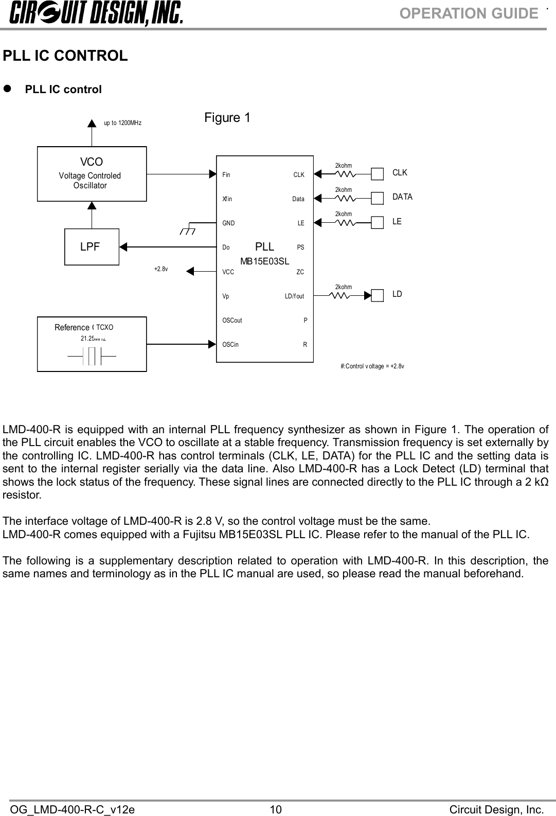 .OG_LMD-400-R-C_v12e Circuit Design, Inc.10OPERATION GUIDEPLL IC CONTROLPLL IC controlLMD-400-R is equipped with an internal PLL frequency synthesizer as shown in Figure 1. The operation ofthe PLL circuit enables the VCO to oscillate at a stable frequency. Transmission frequency is set externally bythe controlling IC. LMD-400-R has control terminals (CLK, LE, DATA) for the PLL IC and the setting data issent to the internal register serially via the data line. Also LMD-400-R has a Lock Detect (LD) terminal thatshows the lock status of the frequency. These signal lines are connected directly to the PLL IC through a 2 kΩ resistor.The interface voltage of LMD-400-R is 2.8 V, so the control voltage must be the same.LMD-400-R comes equipped with a Fujitsu MB15E03SL PLL IC. Please refer to the manual of the PLL IC.The following is a supplementary description related to operation with LMD-400-R. In this description, thesame names and terminology as in the PLL IC manual are used, so please read the manual beforehand.OSCinOSCoutVpVCCDoGNDXf inFinRPSTD-302Control pin nameZCPSLEData2kohmMB15E03SLReference OscillatorLPFVoltage ControledOscillatorVCOPLLCLKDATALELDLD/f out+2.8v#:Control v oltage = +2.8v21.25MHzup to 1200MHzFigure 1CLK2kohm2kohm2kohmTCXO