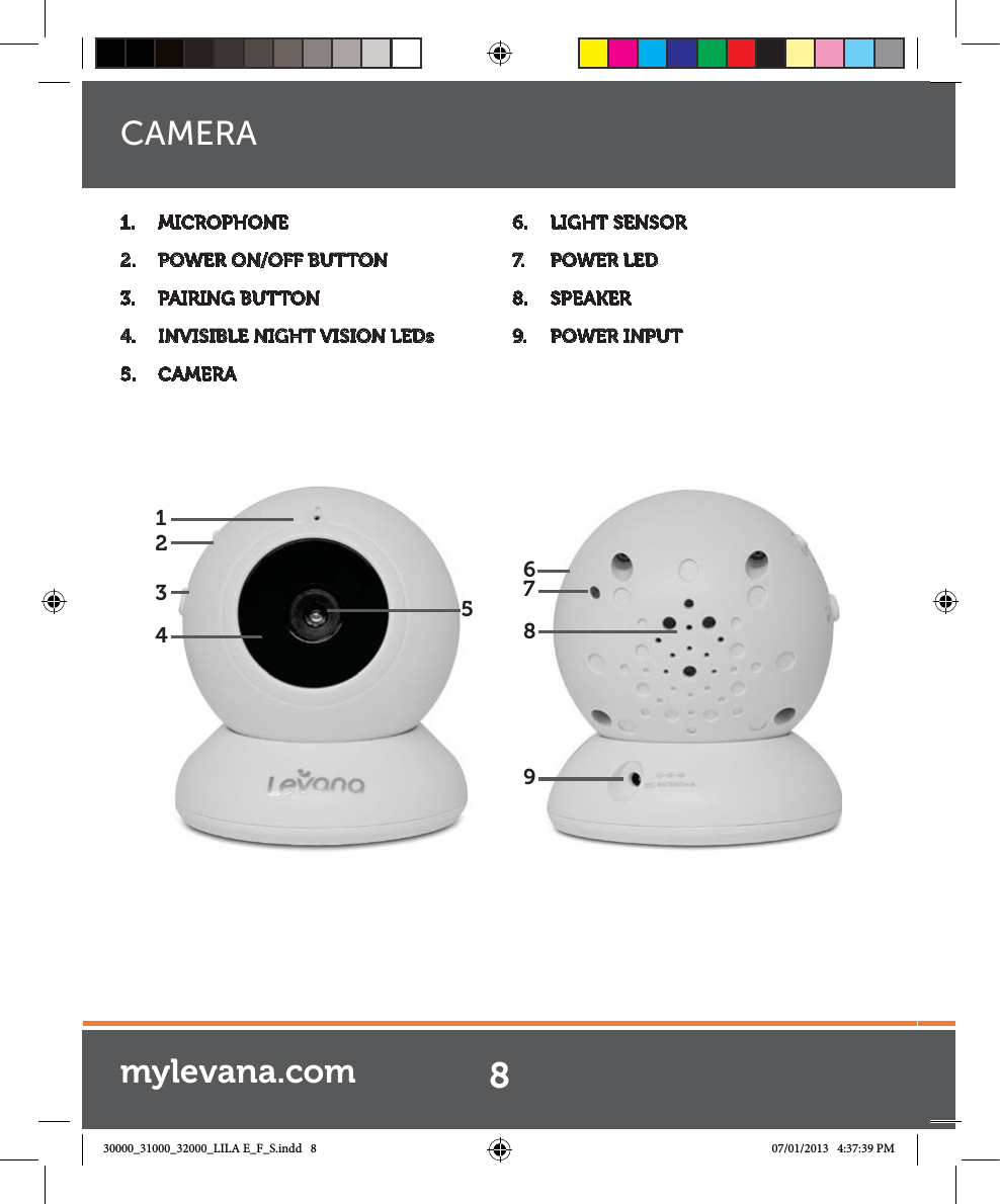 1.  MICROPHONE2.  POWER ON/OFF BUTTON3.  PAIRING BUTTON4.  INVISIBLE NIGHT VISION LEDs5.  CAMERA6.  LIGHT SENSOR 7.   POWER LED8.  SPEAKER 9.  POWER INPUT769812435CAMERA8mylevana.com30000_31000_32000_LILA E_F_S.indd   8 07/01/2013   4:37:39 PM