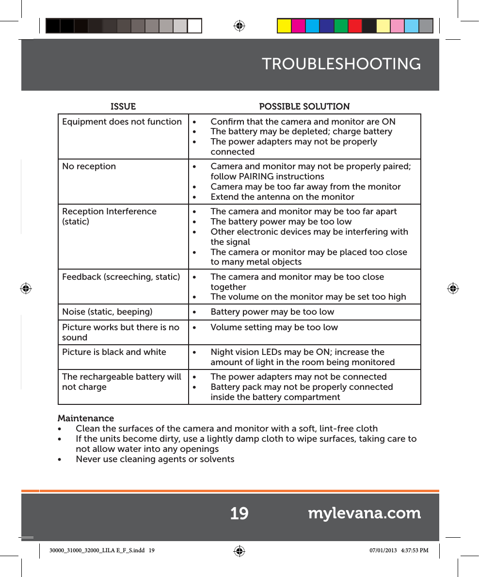 ISSUE POSSIBLE SOLUTIONEquipment does not function Ŕ Conﬁrm that the camera and monitor are ONŔ The battery may be depleted; charge batteryŔ The power adapters may not be properly connectedNo reception Ŕ Camera and monitor may not be properly paired; follow PAIRING instructionsŔ Camera may be too far away from the monitorŔ Extend the antenna on the monitorReception Interference (static)Ŕ The camera and monitor may be too far apartŔ The battery power may be too lowŔ Other electronic devices may be interfering with the signalŔ The camera or monitor may be placed too close to many metal objectsFeedback (screeching, static) Ŕ The camera and monitor may be too close togetherŔ The volume on the monitor may be set too highNoise (static, beeping) Ŕ Battery power may be too lowPicture works but there is no soundŔ Volume setting may be too low Picture is black and white Ŕ Night vision LEDs may be ON; increase the amount of light in the room being monitoredThe rechargeable battery will not chargeŔ The power adapters may not be connectedŔ Battery pack may not be properly connected inside the battery compartmentMaintenanceŔ Clean the surfaces of the camera and monitor with a soft, lint-free clothŔ If the units become dirty, use a lightly damp cloth to wipe surfaces, taking care to not allow water into any openingsŔ Never use cleaning agents or solventsTROUBLESHOOTING19 mylevana.com30000_31000_32000_LILA E_F_S.indd   19 07/01/2013   4:37:53 PM