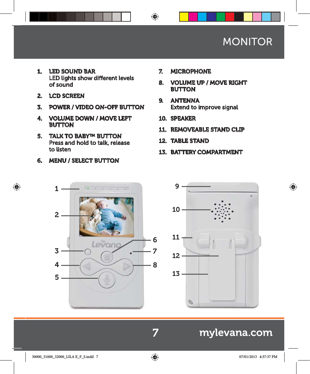123546871091113121.  LED SOUND BAR  LED lights show dierent levels of sound2.  LCD SCREEN3.  POWER / VIDEO ON-OFF BUTTON4.  VOLUME DOWN / MOVE LEFT BUTTON5.  TALK TO BABY™ BUTTON Press and hold to talk, release  to listen6.  MENU / SELECT BUTTON7.   MICROPHONE8.  VOLUME UP / MOVE RIGHT BUTTON 9.  ANTENNA Extend to improve signal10.  SPEAKER11.  REMOVEABLE STAND CLIP12.  TABLE STAND13.  BATTERY COMPARTMENTMONITOR7mylevana.com30000_31000_32000_LILA E_F_S.indd   7 07/01/2013   4:37:37 PM