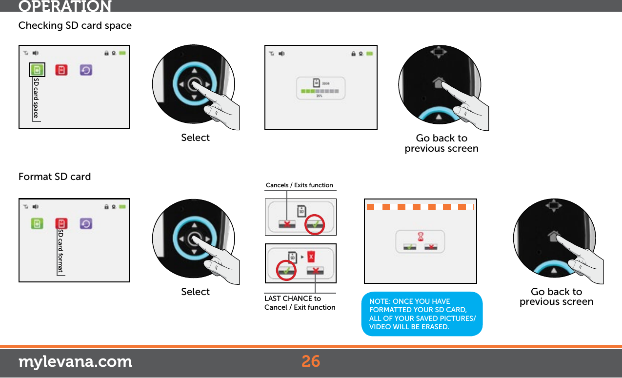 SD card spaceChecking SD card spaceSelect Go back to previous screenSD card formatFormat SD cardSelect Go back to previous screenOPERATIONmylevana.comCancels / Exits functionLAST CHANCE to Cancel / Exit function NOTE: ONCE YOU HAVE FORMATTED YOUR SD CARD, ALL OF YOUR SAVED PICTURES/VIDEO WILL BE ERASED.26