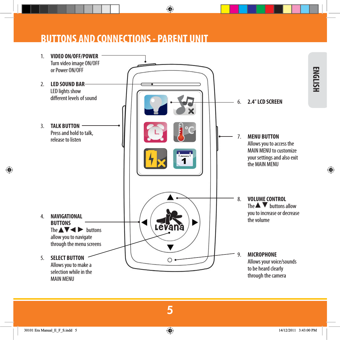 &amp;BUTTONS AND CONNECTIONS - PARENT UNIT1. VIDEO ON/OFF/POWER  Turn video image ON/OFF or Power ON/OFF2.  LED SOUND BAR          LED lights show           dierent levels of sound3.  TALK BUTTON  Press and hold to talk,   release to listen4.  NAVIGATIONAL  BUTTONS The ŹŹŹŹ  buttons allow you to navigate through the menu screens 5.  SELECT BUTTON Allows you to make a selection while in the MAIN MENU6. 2.4&quot; LCD SCREEN7.  MENU BUTTON  Allows you to access the MAIN MENU to customize your settings and also exit the MAIN MENU 8. VOLUME CONTROL The Ź Ź  buttons allow you to increase or decrease the volume9. MICROPHONE  Allows your voice/sounds to be heard clearly through the camera ENGLISH(UD0DQXDOB(B)B6LQGG 30