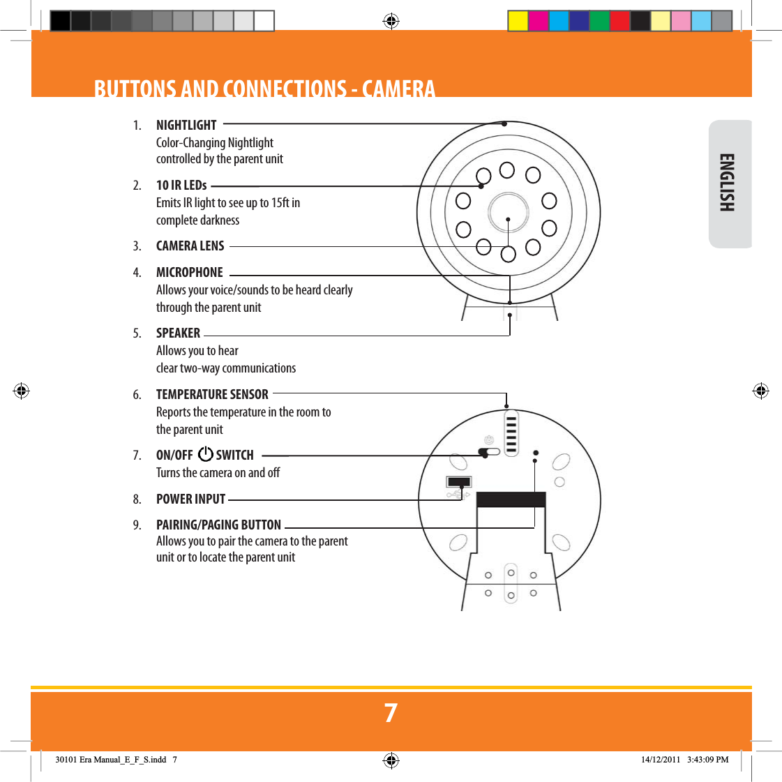 BUTTONS AND CONNECTIONS - CAMERA1. NIGHTLIGHT           Color-Changing Nightlight    controlled by the parent unit2.  10 IR LEDs          Emits IR light to see up to 15ft in  complete darkness3.  CAMERA LENS4.  MICROPHONE  Allows your voice/sounds to be heard clearly          through the parent unit 5.  SPEAKER     Allows you to hear   clear two-way communications6. TEMPERATURE SENSOR Reports the temperature in the room to           the parent unit7. ON/OFF  SWITCH   Turns the camera on and o8. POWER INPUT9. PAIRING/PAGING BUTTON  Allows you to pair the camera to the parent unit or to locate the parent unit ENGLISH(UD0DQXDOB(B)B6LQGG 30