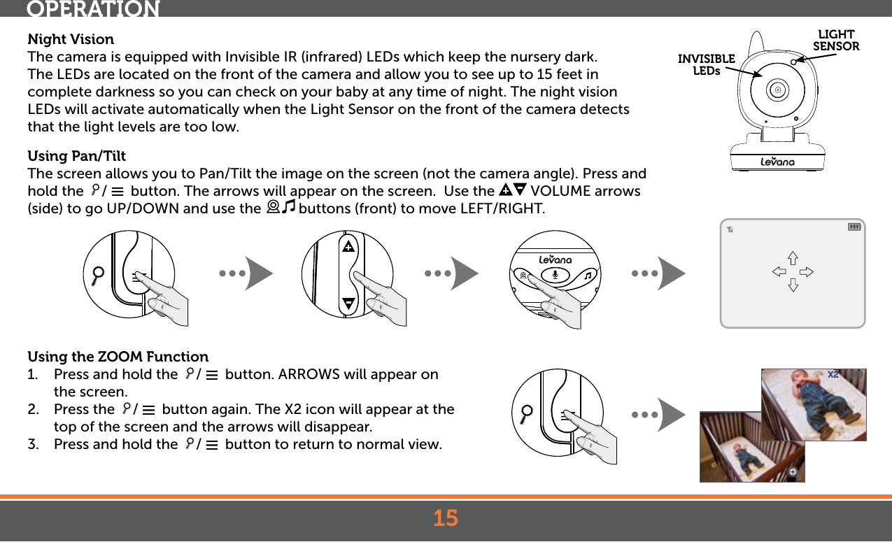 15Night VisionThe camera is equipped with Invisible IR (infrared) LEDs which keep the nursery dark. The LEDs are located on the front of the camera and allow you to see up to 15 feet in complete darkness so you can check on your baby at any time of night. The night vision LEDs will activate automatically when the Light Sensor on the front of the camera detects that the light levels are too low.Using Pan/TiltThe screen allows you to Pan/Tilt the image on the screen (not the camera angle). Press and hold the  /    button. The arrows will appear on the screen.  Use the   VOLUME arrows (side) to go UP/DOWN and use the   buttons (front) to move LEFT/RIGHT.Using the ZOOM Function 1.  Press and hold the  /    button. ARROWS will appear on the screen. 2.  Press the  /    button again. The X2 icon will appear at the top of the screen and the arrows will disappear.3.  Press and hold the  /    button to return to normal view.OPERATIONINVISIBLE LEDsLIGHT SENSORX2