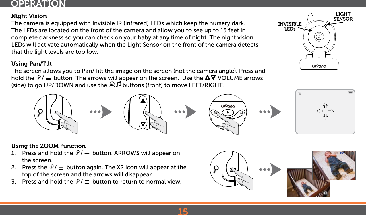 15Night VisionThe camera is equipped with Invisible IR (infrared) LEDs which keep the nursery dark. The LEDs are located on the front of the camera and allow you to see up to 15 feet in complete darkness so you can check on your baby at any time of night. The night vision LEDs will activate automatically when the Light Sensor on the front of the camera detects that the light levels are too low.Using Pan/TiltThe screen allows you to Pan/Tilt the image on the screen (not the camera angle). Press and hold the  /    button. The arrows will appear on the screen.  Use the   VOLUME arrows (side) to go UP/DOWN and use the   buttons (front) to move LEFT/RIGHT.Using the ZOOM Function 1.  Press and hold the  /    button. ARROWS will appear on the screen. 2.  Press the  /    button again. The X2 icon will appear at the top of the screen and the arrows will disappear.3.  Press and hold the  /    button to return to normal view.OPERATIONINVISIBLE LEDsLIGHT SENSORX2