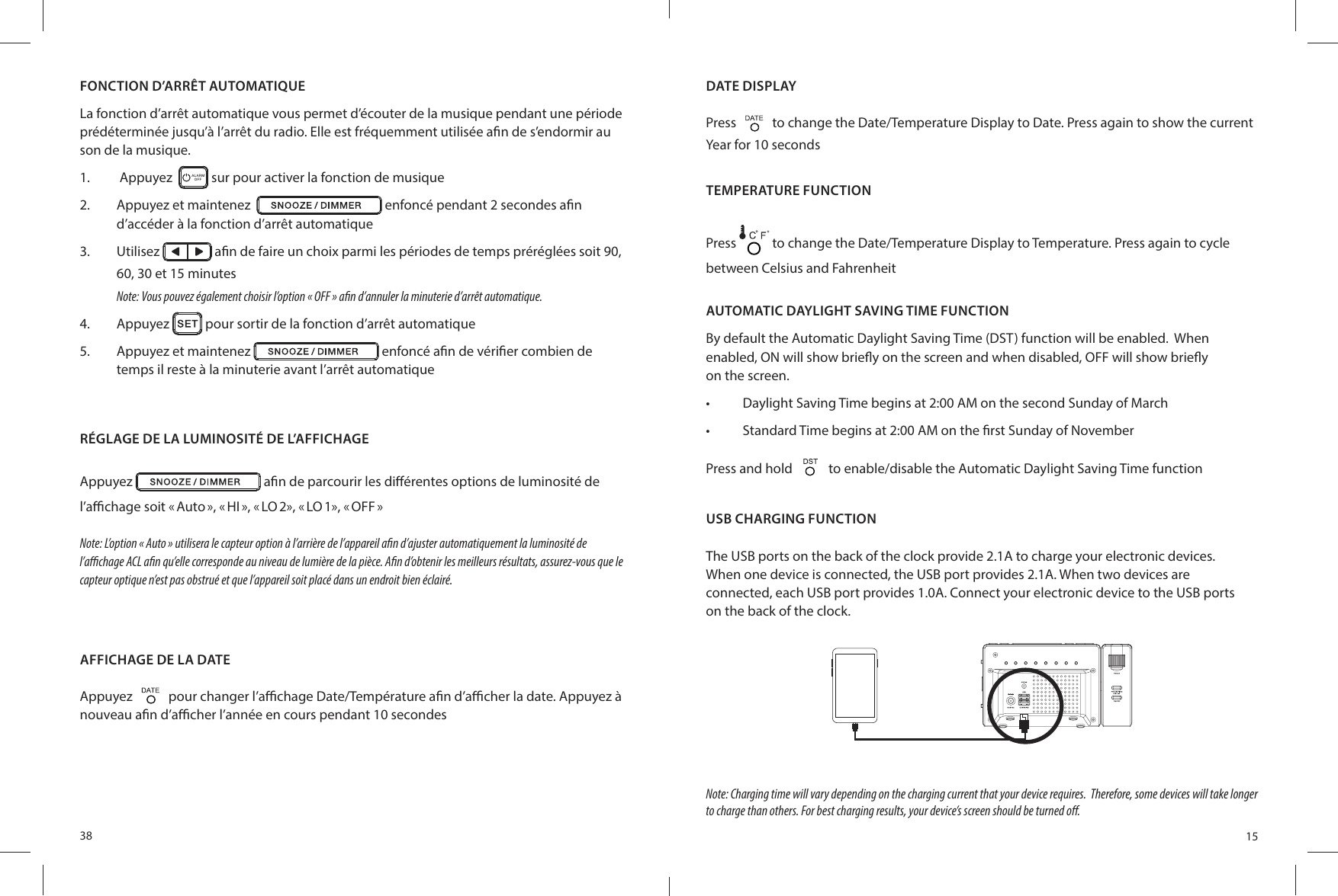 38AFFICHAGE DE LA DATEAppuyez   pour changer l’a  chage Date/Température a n d’a  cher la date. Appuyez à nouveau a n d’a  cher l’année en cours pendant 10 secondesFONCTION D’ARRÊT AUTOMATIQUELa fonction d’arrêt automatique vous permet d’écouter de la musique pendant une période prédéterminée jusqu’à l’arrêt du radio. Elle est fréquemment utilisée a n de s’endormir au son de la musique.1.   Appuyez   AL AR MOFF  sur pour activer la fonction de musique2.  Appuyez et maintenez    enfoncé pendant 2 secondes a nd’accéder à la fonction d’arrêt automatique3.  Utilisez   a n de faire un choix parmi les périodes de temps préréglées soit 90, 60, 30 et 15 minutesNote: Vous pouvez également choisir l’option « OFF » a n d’annuler la minuterie d’arrêt automatique.4.  Appuyez   pour sortir de la fonction d’arrêt automatique5.  Appuyez et maintenez   enfoncé a n de véri er combien de temps il reste à la minuterie avant l’arrêt automatiqueRÉGLAGE DE LA LUMINOSITÉ DE L’AFFICHAGEAppuyez   a n de parcourir les di érentes options de luminosité de l’a  chage soit « Auto », « HI », « LO 2», « LO 1», « OFF »Note: L’option « Auto » utilisera le capteur option à l’arrière de l’appareil a n d’ajuster automatiquement la luminosité de l’a  chage ACL a n qu’elle corresponde au niveau de lumière de la pièce. A n d’obtenir les meilleurs résultats, assurez-vous que le capteur optique n’est pas obstrué et que l’appareil soit placé dans un endroit bien éclairé.15USB CHARGING FUNCTIONThe USB ports on the back of the clock provide 2.1A to charge your electronic devices.When one device is connected, the USB port provides 2.1A. When two devices areconnected, each USB port provides 1.0A. Connect your electronic device to the USB portson the back of the clock.Note: Charging time will vary depending on the charging current that your device requires.  Therefore, some devices will take longer to charge than others. For best charging results, your device’s screen should be turned o .DATE DISPLAYPress   to change the Date/Temperature Display to Date. Press again to show the current Year for 10 secondsTEMPERATURE FUNCTIONPress   to change the Date/Temperature Display to Temperature. Press again to cycle between Celsius and FahrenheitAUTOMATIC DAYLIGHT SAVING TIME FUNCTIONBy default the Automatic Daylight Saving Time (DST) function will be enabled.  Whenenabled, ON will show brie y on the screen and when disabled, OFF will show brie yon the screen.•  Daylight Saving Time begins at 2:00 AM on the second Sunday of March•  Standard Time begins at 2:00 AM on the  rst Sunday of NovemberPress and hold   to enable/disable the Automatic Daylight Saving Time function