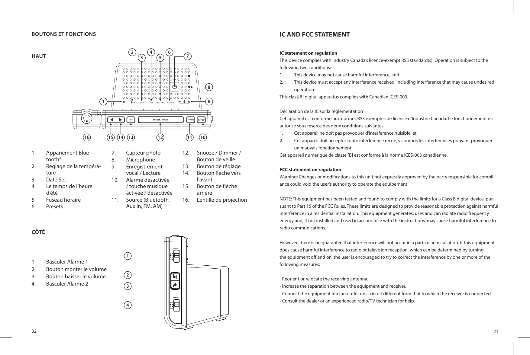 32HAUTCÔTÉ1.  Basculer Alarme 12.  Bouton monter le volume3.  Bouton baisser le volume4.  Basculer Alarme 2  1234BOUTONS ET FONCTIONS1.  Appariement Blue-tooth®2.  Réglage de la tempéra-ture3.  Date Set4.  Le temps de l’heure d’été5.  Fuseau horaire6.  Presets7.  Capteur photo8.  Microphone9.  Enregistrement vocal / Lecture10.  Alarme désactivée / touche musique activée / désactivée11.  Source (Bluetooth, Aux In, FM, AM)12.  Snooze / Dimmer / Bouton de veille13.  Bouton de réglage14.  Bouton  èche vers l’avant15.  Bouton de  èche arrière16.  Lentille de projection1612345678915 14 13 12 11 1021IC AND FCC STATEMENTIC statement on regulationThis device complies with Industry Canada’s licence-exempt RSS standard(s). Operation is subject to the following two conditions:1.  This device may not cause harmful interference, and2.  This device must accept any interference received, including interference that may cause undesired operation.This class[B] digital apparatus complies with Canadian ICES-003.Déclaration de la IC sur la réglementationCet appareil est conforme aux normes RSS exemptes de licence d’Industrie Canada. Le fonctionnement est autorise sous reserce des deux conditions suivantes:1.  Cet appareil ne doit pas provoquer d’interference nuisible, et2.  Cet appareil doit accepter toute interference recue, y compris les interferences pouvant provoquer un mauvais fonctionnement.Cet appareil numérique de classe [B] est conforme à la norme ICES-003 canadienne.FCC statement on regulationWarning: Changes or modi cations to this unit not expressly approved by the party responsible for compli-ance could void the user’s authority to operate the equipementNOTE: This equipment has been tested and found to comply with the limits for a Class B digital device, pur-suant to Part 15 of the FCC Rules. These limits are designed to provide reasonable protection against harmful interference in a residential installation. This equipment generates, uses and can radiate radio frequency energy and, if not installed and used in accordance with the instructions, may cause harmful interference to radio communications.However, there is no guarantee that interference will not occur in a particular installation. If this equipment does cause harmful interference to radio or television reception, which can be determined by turning the equipment o  and on, the user is encouraged to try to correct the interference by one or more of the following measures:- Reorient or relocate the receiving antenna.- Increase the separation between the equipment and receiver.- Connect the equipment into an outlet on a circuit di erent from that to which the receiver is connected.- Consult the dealer or an experienced radio/TV technician for help.