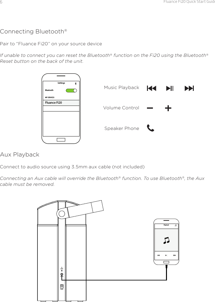 Fluance Fi20 Quick Start Guide6Connecting Bluetooth®Pair to “Fluance Fi20” on your source deviceIf unable to connect you can reset the Bluetooth® function on the Fi20 using the Bluetooth® Reset button on the back of the unit.Aux PlaybackConnect to audio source using 3.5mm aux cable (not included) Connecting an Aux cable will override the Bluetooth® function. To use Bluetooth®, the Aux cable must be removed.BluetoothMY DEVICESSettingsFluance Fi20POWERAUX INRESETPlaybackMusic PlaybackVolume ControlSpeaker Phone