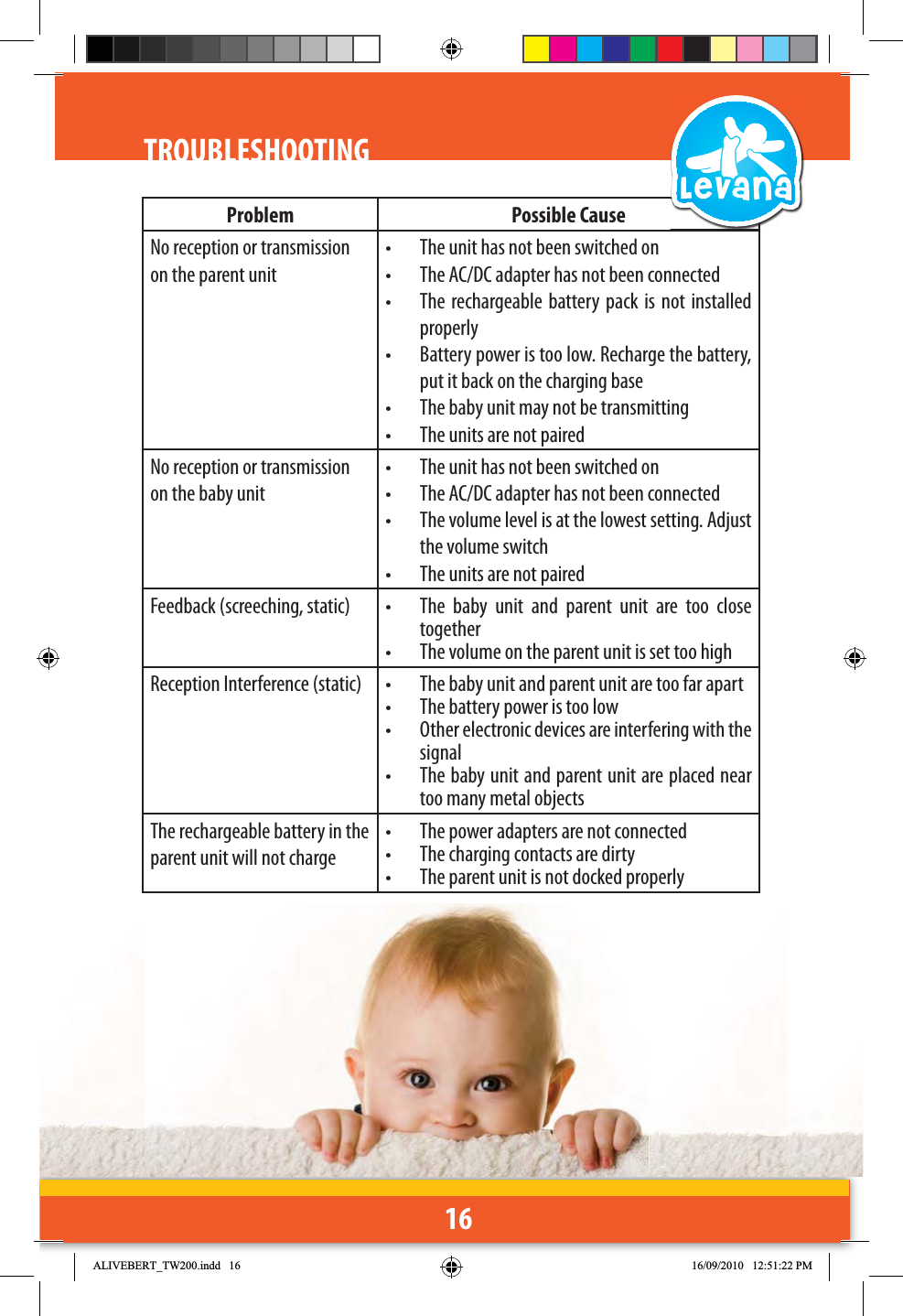 16TROUBLESHOOTINGProblem Possible CauseNo reception or transmission on the parent unit•  The unit has not been switched on•  The AC/DC adapter has not been connected•  The rechargeable battery pack is not installed properly•  Battery power is too low. Recharge the battery, put it back on the charging base•  The baby unit may not be transmitting•  The units are not pairedNo reception or transmission on the baby unit•  The unit has not been switched on•  The AC/DC adapter has not been connected•  The volume level is at the lowest setting. Adjust the volume switch•  The units are not pairedFeedback (screeching, static) •  The baby unit and parent unit are too close together•  The volume on the parent unit is set too highReception Interference (static)  •  The baby unit and parent unit are too far apart•  The battery power is too low•  Other electronic devices are interfering with the signal•  The baby unit and parent unit are placed near too many metal objectsThe rechargeable battery in the parent unit will not charge•  The power adapters are not connected•  The charging contacts are dirty•  The parent unit is not docked properly$/,9(%(57B7:LQGG 30
