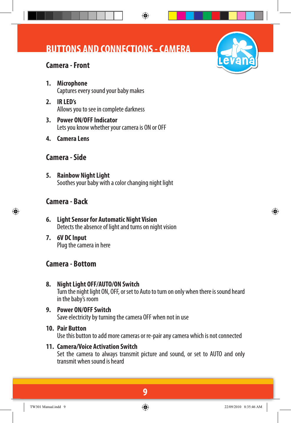 9BUTTONS AND CONNECTIONS - CAMERACamera - Front1.  Microphone  Captures every sound your baby makes2.  IR LED’s Allows you to see in complete darkness3.  Power ON/OFF Indicator  Lets you know whether your camera is ON or OFF4.  Camera Lens Camera - Side5.  Rainbow Night Light  Soothes your baby with a color changing night lightCamera - Back6.  Light Sensor for Automatic Night Vision  Detects the absence of light and turns on night vision7.  6V DC Input  Plug the camera in hereCamera - Bottom8.  Night Light OFF/AUTO/ON Switch  Turn the night light ON, OFF, or set to Auto to turn on only when there is sound heard in the baby’s room9.  Power ON/OFF Switch  Save electricity by turning the camera OFF when not in use10.  Pair Button Use this button to add more cameras or re-pair any camera which is not connected11.  Camera/Voice Activation Switch  Set  the  camera  to  always  transmit  picture  and  sound,  or  set  to  AUTO  and  only transmit when sound is heardTW301 Manual.indd   9 22/09/2010   8:35:46 AM