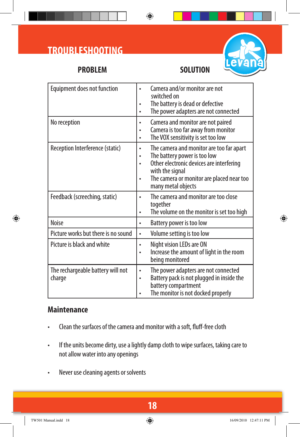 18TROUBLESHOOTINGPROBLEM SOLUTIONEquipment does not function •  Camera and/or monitor are not           switched on•  The battery is dead or defective•  The power adapters are not connectedNo reception •  Camera and monitor are not paired•  Camera is too far away from monitor•  The VOX sensitivity is set too lowReception Interference (static) •  The camera and monitor are too far apart•  The battery power is too low•  Other electronic devices are interfering with the signal•  The camera or monitor are placed near too many metal objectsFeedback (screeching, static) •  The camera and monitor are too close together•  The volume on the monitor is set too highNoise •  Battery power is too lowPicture works but there is no sound •  Volume setting is too low Picture is black and white •  Night vision LEDs are ON•  Increase the amount of light in the room being monitoredThe rechargeable battery will not charge•  The power adapters are not connected•  Battery pack is not plugged in inside the battery compartment•  The monitor is not docked properlyMaintenance•  Clean the surfaces of the camera and monitor with a soft, u-free cloth•  If the units become dirty, use a lightly damp cloth to wipe surfaces, taking care to not allow water into any openings•  Never use cleaning agents or solventsTW501 Manual.indd   18 16/09/2010   12:47:11 PM