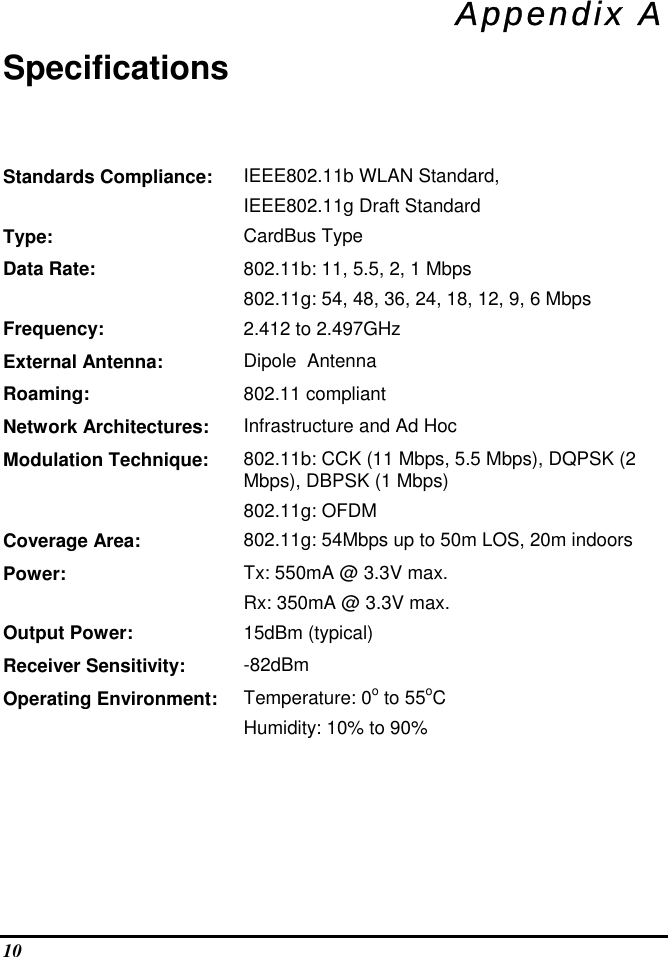  10 Appendix A Specifications Standards Compliance:   IEEE802.11b WLAN Standard, IEEE802.11g Draft Standard Type:  CardBus Type Data Rate:  802.11b: 11, 5.5, 2, 1 Mbps 802.11g: 54, 48, 36, 24, 18, 12, 9, 6 Mbps Frequency:  2.412 to 2.497GHz External Antenna:  Dipole  Antenna Roaming:  802.11 compliant Network Architectures:  Infrastructure and Ad Hoc Modulation Technique:  802.11b: CCK (11 Mbps, 5.5 Mbps), DQPSK (2 Mbps), DBPSK (1 Mbps)   802.11g: OFDM Coverage Area:  802.11g: 54Mbps up to 50m LOS, 20m indoors Power:  Tx: 550mA @ 3.3V max. Rx: 350mA @ 3.3V max. Output Power:  15dBm (typical)   Receiver Sensitivity:  -82dBm  Operating Environment:  Temperature: 0o to 55oC Humidity: 10% to 90%  