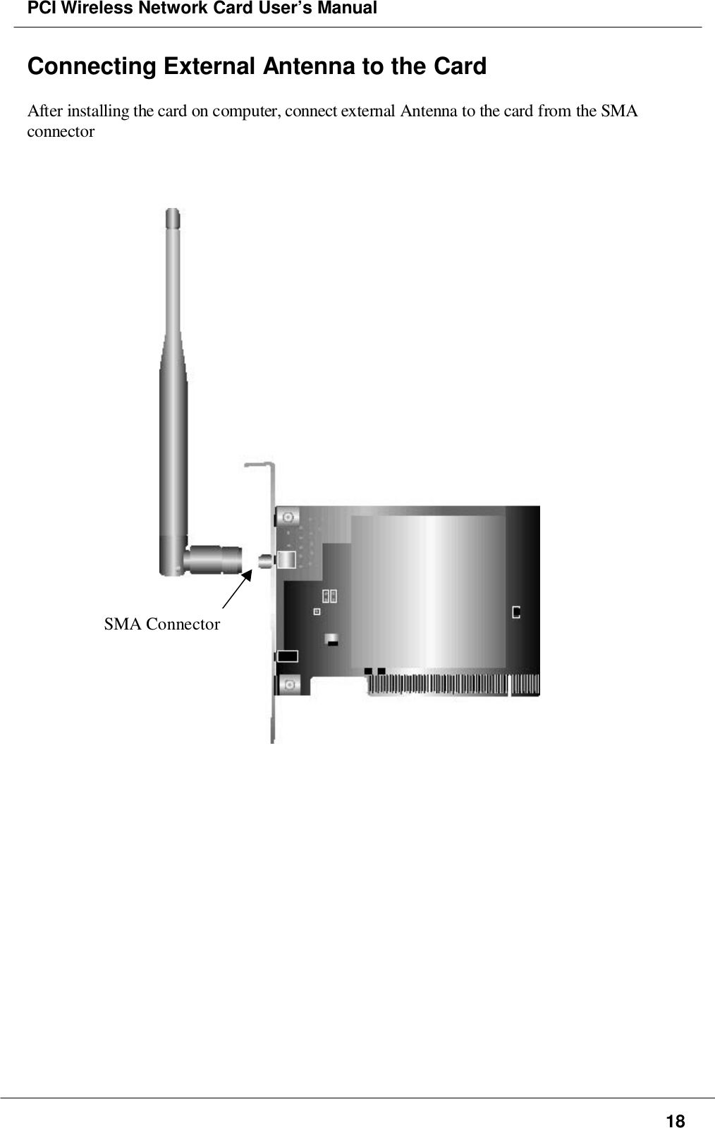 PCI Wireless Network Card User’s Manual18Connecting External Antenna to the CardAfter installing the card on computer, connect external Antenna to the card from the SMAconnectorSMA Connector