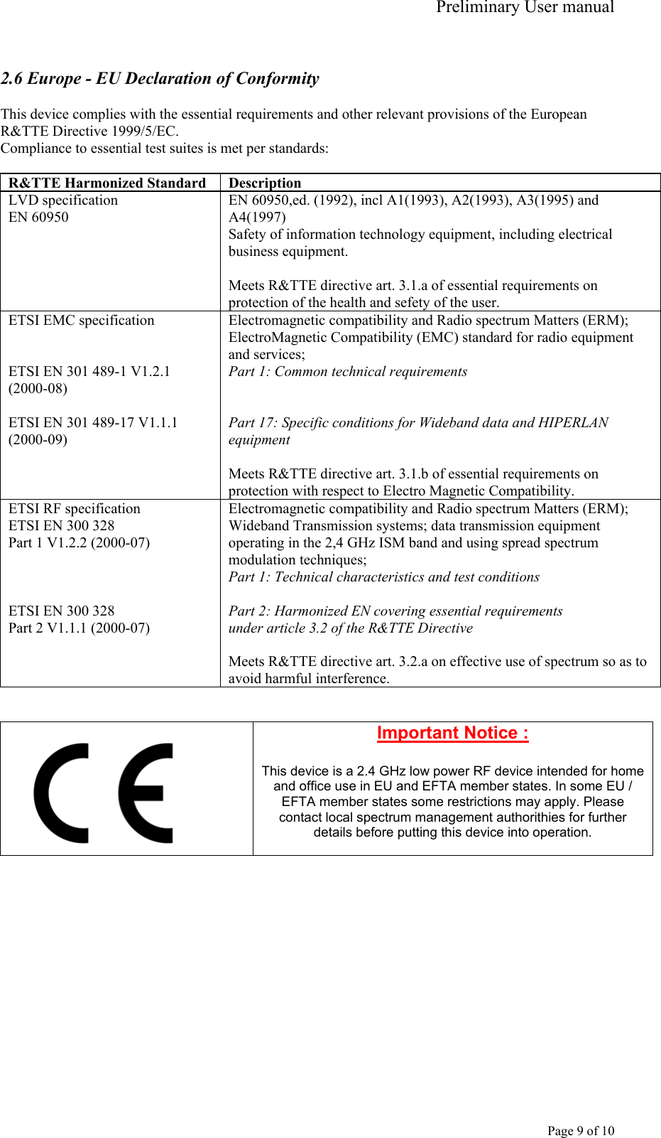 Preliminary User manual     Page 9 of 10  2.6 Europe - EU Declaration of Conformity  This device complies with the essential requirements and other relevant provisions of the European R&amp;TTE Directive 1999/5/EC.  Compliance to essential test suites is met per standards:  R&amp;TTE Harmonized Standard  Description LVD specification EN 60950 EN 60950,ed. (1992), incl A1(1993), A2(1993), A3(1995) and A4(1997) Safety of information technology equipment, including electrical business equipment.  Meets R&amp;TTE directive art. 3.1.a of essential requirements on protection of the health and sefety of the user. ETSI EMC specification   ETSI EN 301 489-1 V1.2.1 (2000-08)  ETSI EN 301 489-17 V1.1.1 (2000-09)   Electromagnetic compatibility and Radio spectrum Matters (ERM); ElectroMagnetic Compatibility (EMC) standard for radio equipment and services; Part 1: Common technical requirements   Part 17: Specific conditions for Wideband data and HIPERLAN equipment  Meets R&amp;TTE directive art. 3.1.b of essential requirements on protection with respect to Electro Magnetic Compatibility. ETSI RF specification ETSI EN 300 328 Part 1 V1.2.2 (2000-07)    ETSI EN 300 328 Part 2 V1.1.1 (2000-07) Electromagnetic compatibility and Radio spectrum Matters (ERM); Wideband Transmission systems; data transmission equipment operating in the 2,4 GHz ISM band and using spread spectrum modulation techniques; Part 1: Technical characteristics and test conditions  Part 2: Harmonized EN covering essential requirements under article 3.2 of the R&amp;TTE Directive  Meets R&amp;TTE directive art. 3.2.a on effective use of spectrum so as to avoid harmful interference.    Important Notice :  This device is a 2.4 GHz low power RF device intended for home and office use in EU and EFTA member states. In some EU / EFTA member states some restrictions may apply. Please contact local spectrum management authorithies for further details before putting this device into operation.   