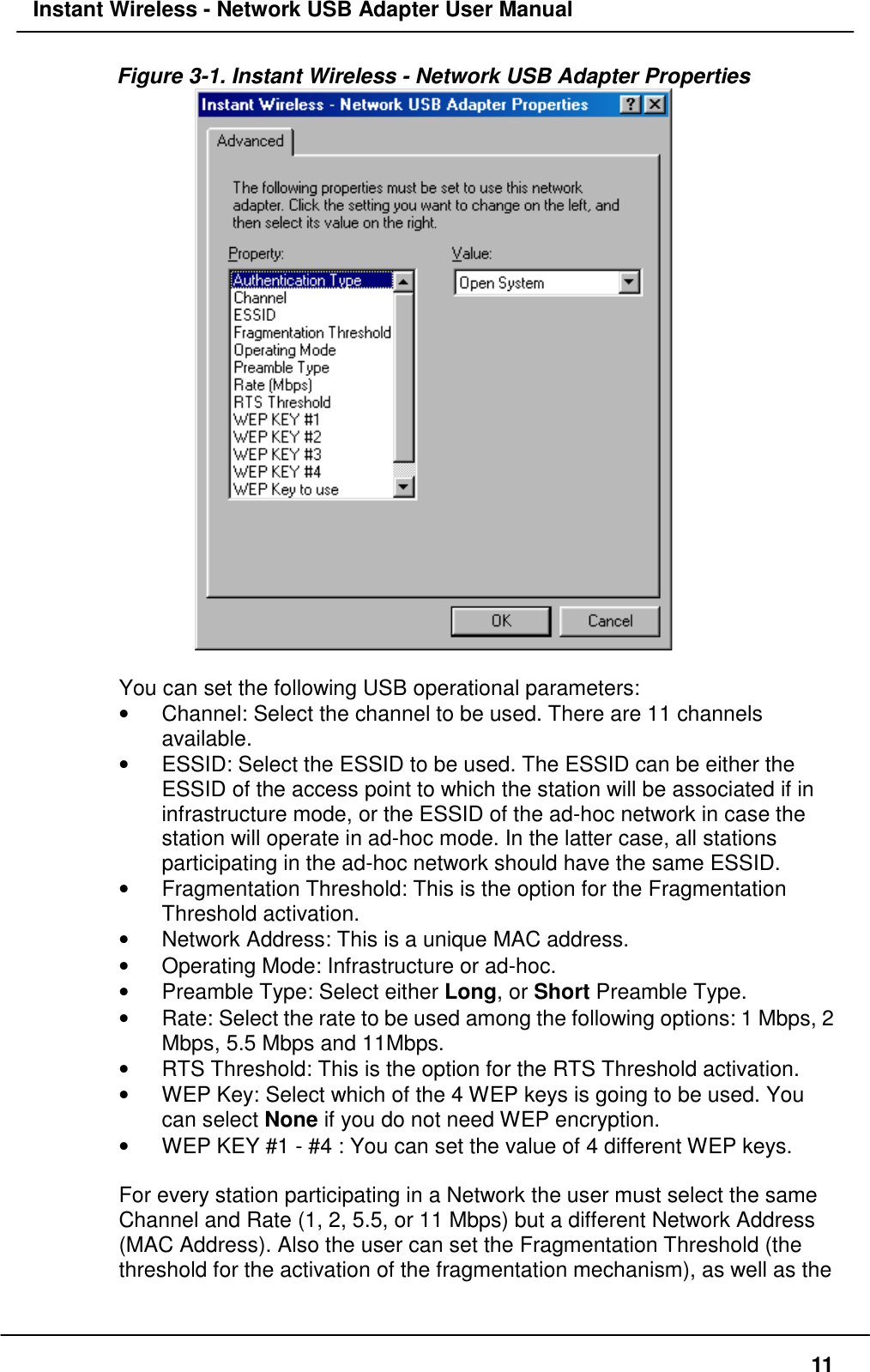 Instant Wireless - Network USB Adapter User Manual11Figure 3-1. Instant Wireless - Network USB Adapter PropertiesYou can set the following USB operational parameters:•  Channel: Select the channel to be used. There are 11 channelsavailable.•  ESSID: Select the ESSID to be used. The ESSID can be either theESSID of the access point to which the station will be associated if ininfrastructure mode, or the ESSID of the ad-hoc network in case thestation will operate in ad-hoc mode. In the latter case, all stationsparticipating in the ad-hoc network should have the same ESSID.•  Fragmentation Threshold: This is the option for the FragmentationThreshold activation.•  Network Address: This is a unique MAC address.•  Operating Mode: Infrastructure or ad-hoc.•  Preamble Type: Select either Long, or Short Preamble Type.•  Rate: Select the rate to be used among the following options: 1 Mbps, 2Mbps, 5.5 Mbps and 11Mbps.•  RTS Threshold: This is the option for the RTS Threshold activation.•  WEP Key: Select which of the 4 WEP keys is going to be used. Youcan select None if you do not need WEP encryption.•  WEP KEY #1 - #4 : You can set the value of 4 different WEP keys.For every station participating in a Network the user must select the sameChannel and Rate (1, 2, 5.5, or 11 Mbps) but a different Network Address(MAC Address). Also the user can set the Fragmentation Threshold (thethreshold for the activation of the fragmentation mechanism), as well as the