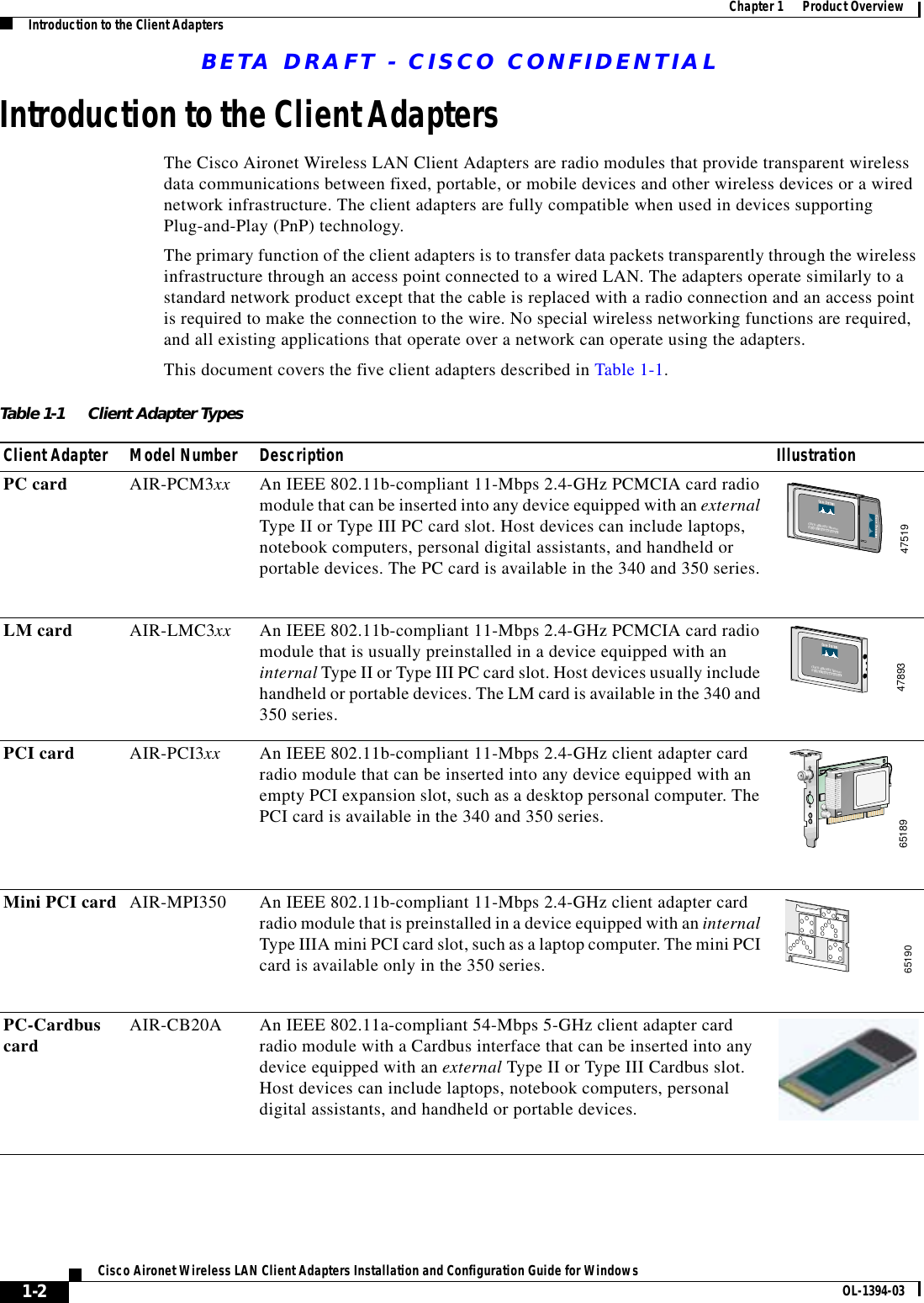 BETA DRAFT - CISCO CONFIDENTIAL1-2Cisco Aironet Wireless LAN Client Adapters Installation and Configuration Guide for Windows OL-1394-03Chapter 1      Product OverviewIntroduction to the Client AdaptersIntroduction to the Client AdaptersThe Cisco Aironet Wireless LAN Client Adapters are radio modules that provide transparent wireless data communications between fixed, portable, or mobile devices and other wireless devices or a wired network infrastructure. The client adapters are fully compatible when used in devices supporting Plug-and-Play (PnP) technology.The primary function of the client adapters is to transfer data packets transparently through the wireless infrastructure through an access point connected to a wired LAN. The adapters operate similarly to a standard network product except that the cable is replaced with a radio connection and an access point is required to make the connection to the wire. No special wireless networking functions are required, and all existing applications that operate over a network can operate using the adapters.This document covers the five client adapters described in Table 1-1.Table 1-1 Client Adapter TypesClient Adapter Model Number Description IllustrationPC card AIR-PCM3xx An IEEE 802.11b-compliant 11-Mbps 2.4-GHz PCMCIA card radio module that can be inserted into any device equipped with an external Type II or Type III PC card slot. Host devices can include laptops, notebook computers, personal digital assistants, and handheld or portable devices. The PC card is available in the 340 and 350 series.LM card AIR-LMC3xx An IEEE 802.11b-compliant 11-Mbps 2.4-GHz PCMCIA card radio module that is usually preinstalled in a device equipped with an internal Type II or Type III PC card slot. Host devices usually include handheld or portable devices. The LM card is available in the 340 and 350 series.PCI card AIR-PCI3xx An IEEE 802.11b-compliant 11-Mbps 2.4-GHz client adapter card radio module that can be inserted into any device equipped with an empty PCI expansion slot, such as a desktop personal computer. The PCI card is available in the 340 and 350 series.Mini PCI card AIR-MPI350 An IEEE 802.11b-compliant 11-Mbps 2.4-GHz client adapter card radio module that is preinstalled in a device equipped with an internal Type IIIA mini PCI card slot, such as a laptop computer. The mini PCI card is available only in the 350 series.PC-Cardbus card AIR-CB20A An IEEE 802.11a-compliant 54-Mbps 5-GHz client adapter card radio module with a Cardbus interface that can be inserted into any device equipped with an external Type II or Type III Cardbus slot. Host devices can include laptops, notebook computers, personal digital assistants, and handheld or portable devices.CISCO AIRONET 340 SERIES11 Mbps WIRELESS LAN ADAPTER47519CISCO AIRONET 340 SERIES11 Mbps WIRELESS LAN ADAPTER478936518965190
