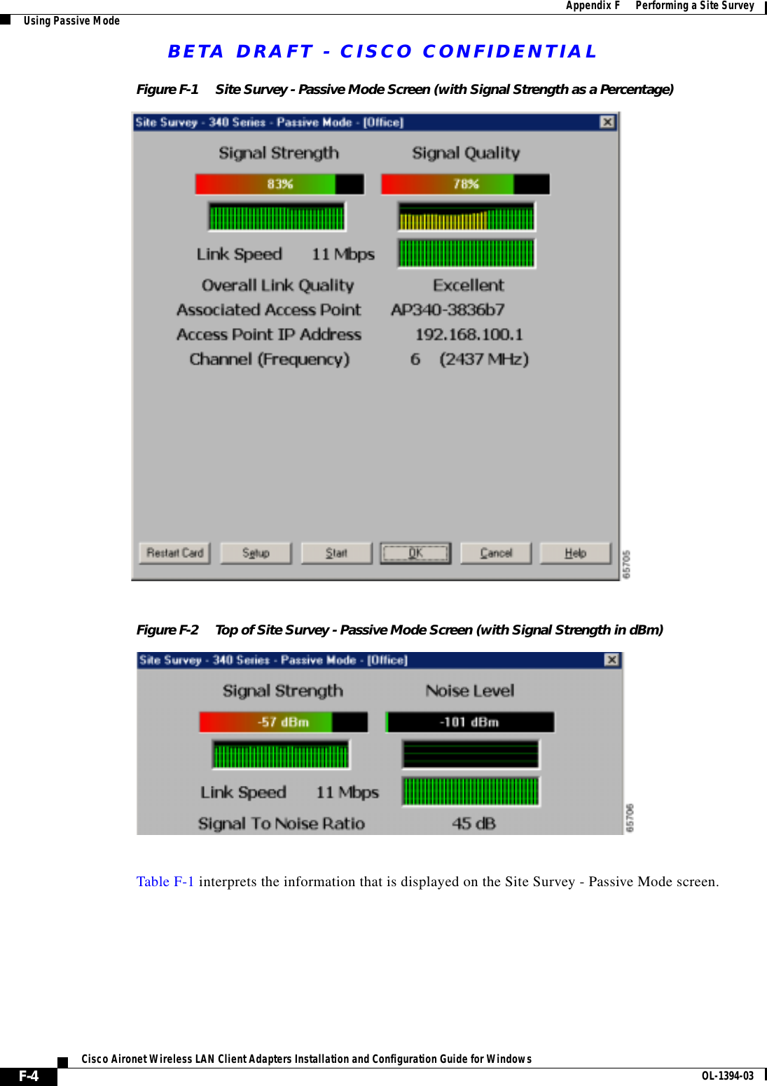 BETA DRAFT - CISCO CONFIDENTIALF-4Cisco Aironet Wireless LAN Client Adapters Installation and Configuration Guide for Windows OL-1394-03Appendix F      Performing a Site SurveyUsing Passive ModeFigure F-1 Site Survey - Passive Mode Screen (with Signal Strength as a Percentage)Figure F-2 Top of Site Survey - Passive Mode Screen (with Signal Strength in dBm)Table F-1 interprets the information that is displayed on the Site Survey - Passive Mode screen.