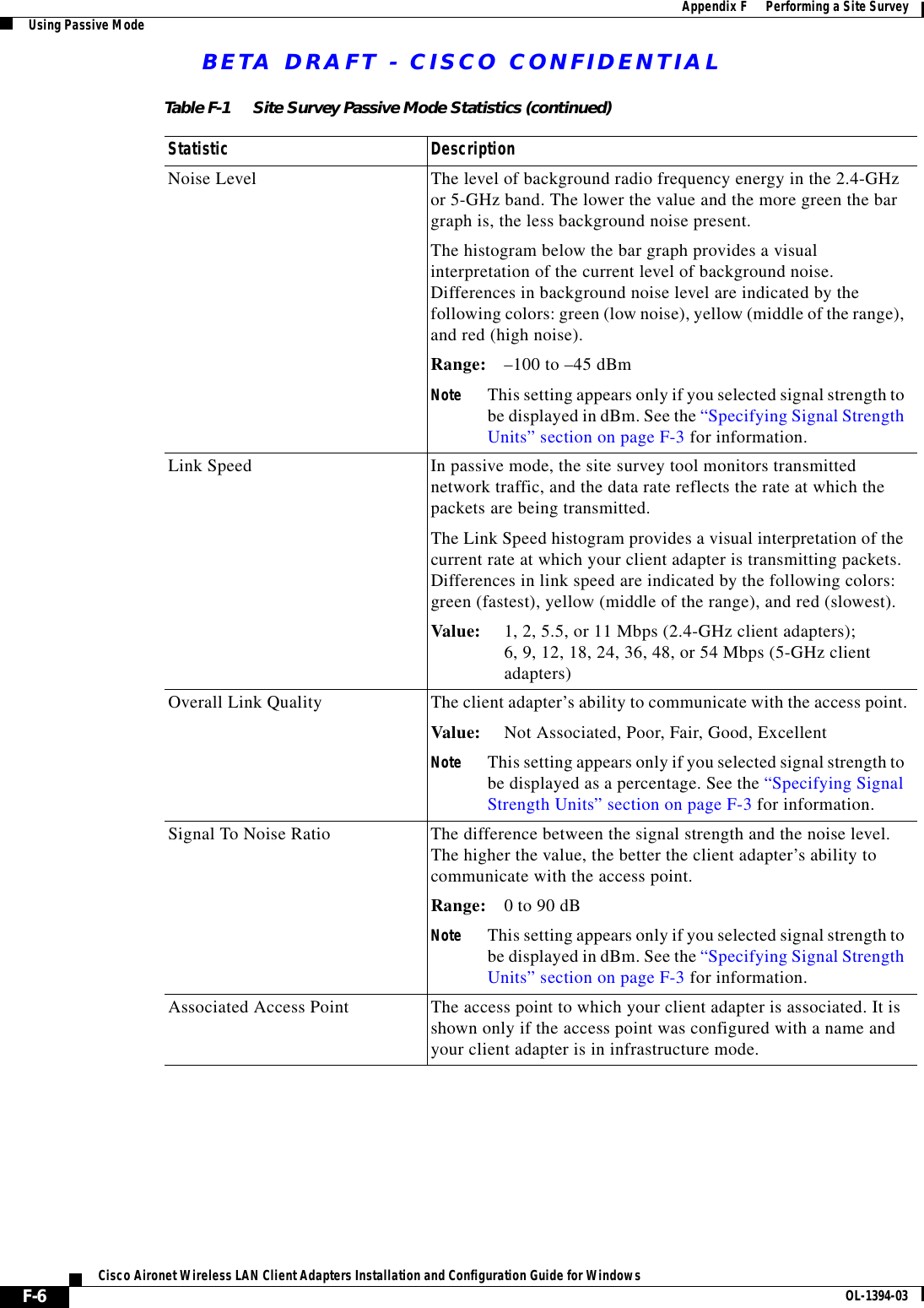 BETA DRAFT - CISCO CONFIDENTIALF-6Cisco Aironet Wireless LAN Client Adapters Installation and Configuration Guide for Windows OL-1394-03Appendix F      Performing a Site SurveyUsing Passive ModeNoise Level The level of background radio frequency energy in the 2.4-GHz or 5-GHz band. The lower the value and the more green the bar graph is, the less background noise present.The histogram below the bar graph provides a visual interpretation of the current level of background noise. Differences in background noise level are indicated by the following colors: green (low noise), yellow (middle of the range), and red (high noise).Range: –100 to –45 dBmNote This setting appears only if you selected signal strength to be displayed in dBm. See the “Specifying Signal Strength Units” section on page F-3 for information.Link Speed In passive mode, the site survey tool monitors transmitted network traffic, and the data rate reflects the rate at which the packets are being transmitted.The Link Speed histogram provides a visual interpretation of the current rate at which your client adapter is transmitting packets. Differences in link speed are indicated by the following colors: green (fastest), yellow (middle of the range), and red (slowest).Value: 1, 2, 5.5, or 11 Mbps (2.4-GHz client adapters);6, 9, 12, 18, 24, 36, 48, or 54 Mbps (5-GHz clientadapters)Overall Link Quality The client adapter’s ability to communicate with the access point.Value: Not Associated, Poor, Fair, Good, ExcellentNote This setting appears only if you selected signal strength to be displayed as a percentage. See the “Specifying Signal Strength Units” section on page F-3 for information.Signal To Noise Ratio The difference between the signal strength and the noise level. The higher the value, the better the client adapter’s ability to communicate with the access point.Range: 0 to 90 dBNote This setting appears only if you selected signal strength to be displayed in dBm. See the “Specifying Signal Strength Units” section on page F-3 for information.Associated Access Point The access point to which your client adapter is associated. It is shown only if the access point was configured with a name and your client adapter is in infrastructure mode.Table F-1 Site Survey Passive Mode Statistics (continued)Statistic Description