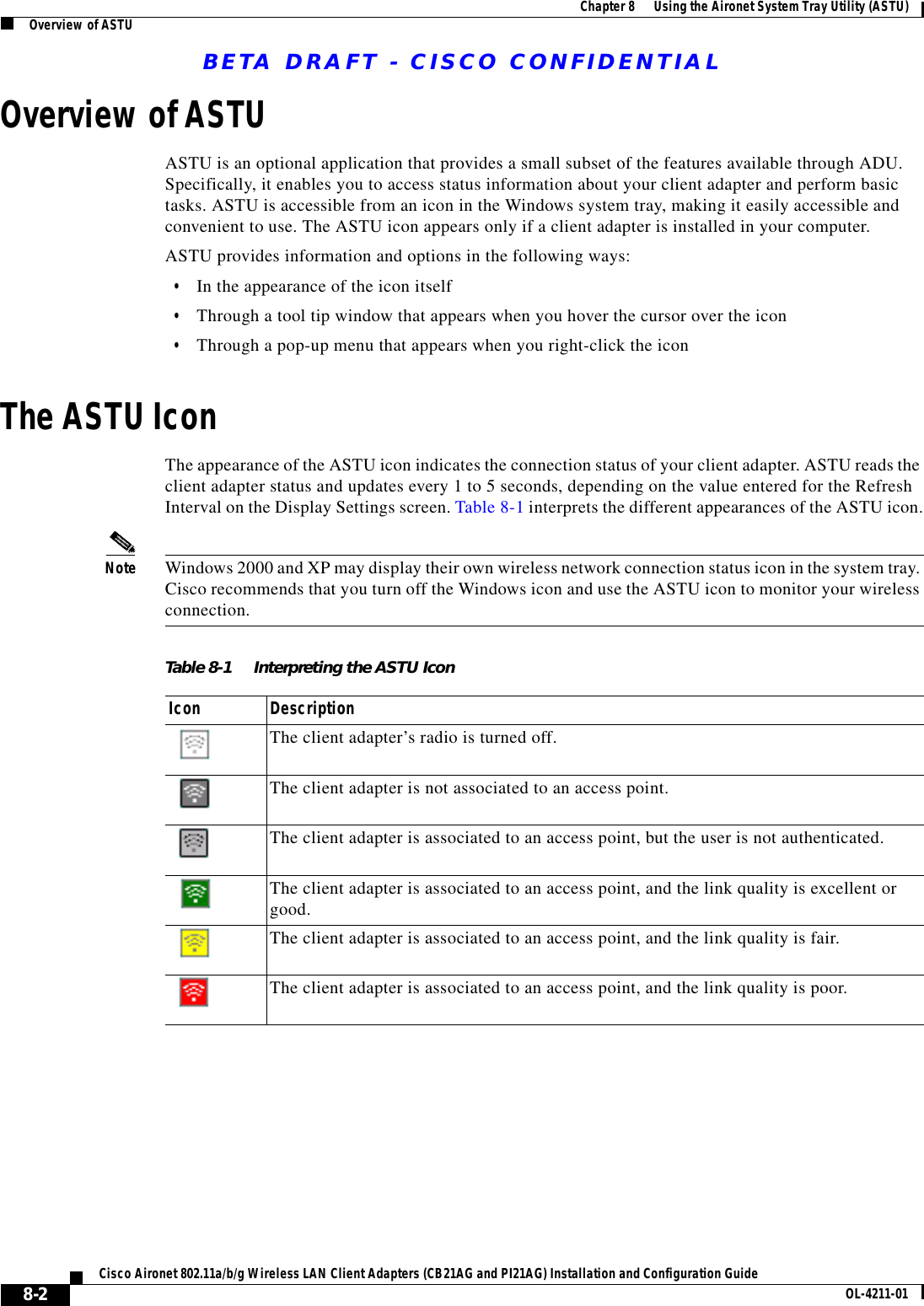 BETA DRAFT - CISCO CONFIDENTIAL8-2Cisco Aironet 802.11a/b/g Wireless LAN Client Adapters (CB21AG and PI21AG) Installation and Configuration Guide OL-4211-01Chapter 8      Using the Aironet System Tray Utility (ASTU)Overview of ASTUOverview of ASTUASTU is an optional application that provides a small subset of the features available through ADU. Specifically, it enables you to access status information about your client adapter and perform basic tasks. ASTU is accessible from an icon in the Windows system tray, making it easily accessible and convenient to use. The ASTU icon appears only if a client adapter is installed in your computer.ASTU provides information and options in the following ways:•In the appearance of the icon itself•Through a tool tip window that appears when you hover the cursor over the icon•Through a pop-up menu that appears when you right-click the iconThe ASTU IconThe appearance of the ASTU icon indicates the connection status of your client adapter. ASTU reads the client adapter status and updates every 1 to 5 seconds, depending on the value entered for the Refresh Interval on the Display Settings screen. Table 8-1 interprets the different appearances of the ASTU icon.Note Windows 2000 and XP may display their own wireless network connection status icon in the system tray. Cisco recommends that you turn off the Windows icon and use the ASTU icon to monitor your wireless connection.Table 8-1 Interpreting the ASTU IconIcon DescriptionThe client adapter’s radio is turned off.The client adapter is not associated to an access point.The client adapter is associated to an access point, but the user is not authenticated.The client adapter is associated to an access point, and the link quality is excellent or good.The client adapter is associated to an access point, and the link quality is fair.The client adapter is associated to an access point, and the link quality is poor.