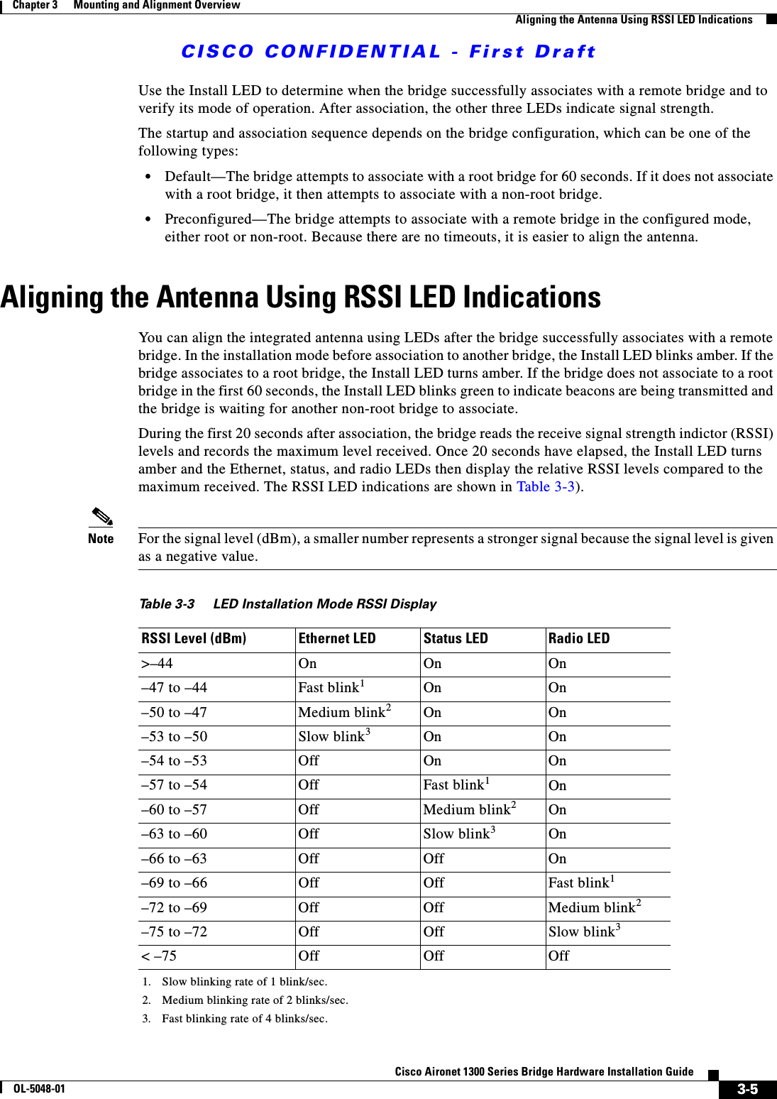 CISCO CONFIDENTIAL - First Draft3-5Cisco Aironet 1300 Series Bridge Hardware Installation GuideOL-5048-01Chapter 3      Mounting and Alignment OverviewAligning the Antenna Using RSSI LED IndicationsUse the Install LED to determine when the bridge successfully associates with a remote bridge and to verify its mode of operation. After association, the other three LEDs indicate signal strength.The startup and association sequence depends on the bridge configuration, which can be one of the following types:•Default—The bridge attempts to associate with a root bridge for 60 seconds. If it does not associate with a root bridge, it then attempts to associate with a non-root bridge. •Preconfigured—The bridge attempts to associate with a remote bridge in the configured mode, either root or non-root. Because there are no timeouts, it is easier to align the antenna.Aligning the Antenna Using RSSI LED IndicationsYou can align the integrated antenna using LEDs after the bridge successfully associates with a remote bridge. In the installation mode before association to another bridge, the Install LED blinks amber. If the bridge associates to a root bridge, the Install LED turns amber. If the bridge does not associate to a root bridge in the first 60 seconds, the Install LED blinks green to indicate beacons are being transmitted and the bridge is waiting for another non-root bridge to associate. During the first 20 seconds after association, the bridge reads the receive signal strength indictor (RSSI) levels and records the maximum level received. Once 20 seconds have elapsed, the Install LED turns amber and the Ethernet, status, and radio LEDs then display the relative RSSI levels compared to the maximum received. The RSSI LED indications are shown in Table 3-3).Note For the signal level (dBm), a smaller number represents a stronger signal because the signal level is given as a negative value.Table 3-3 LED Installation Mode RSSI DisplayRSSI Level (dBm) Ethernet LED Status LED Radio LED&gt;–44 On On On–47 to –44 Fast blink11. Slow blinking rate of 1 blink/sec.On On–50 to –47 Medium blink22. Medium blinking rate of 2 blinks/sec.On On–53 to –50 Slow blink33. Fast blinking rate of 4 blinks/sec.On On–54 to –53 Off On On–57 to –54 Off Fast blink1On–60 to –57 Off Medium blink2On–63 to –60 Off Slow blink3On–66 to –63 Off Off On–69 to –66 Off Off Fast blink1–72 to –69 Off Off Medium blink2–75 to –72 Off Off Slow blink3&lt; –75 Off Off Off