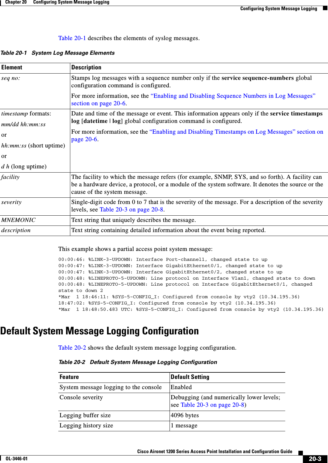 20-3Cisco Aironet 1200 Series Access Point Installation and Configuration GuideOL-3446-01Chapter 20      Configuring System Message LoggingConfiguring System Message LoggingTable 20-1 describes the elements of syslog messages.This example shows a partial access point system message:00:00:46: %LINK-3-UPDOWN: Interface Port-channel1, changed state to up00:00:47: %LINK-3-UPDOWN: Interface GigabitEthernet0/1, changed state to up00:00:47: %LINK-3-UPDOWN: Interface GigabitEthernet0/2, changed state to up00:00:48: %LINEPROTO-5-UPDOWN: Line protocol on Interface Vlan1, changed state to down00:00:48: %LINEPROTO-5-UPDOWN: Line protocol on Interface GigabitEthernet0/1, changed state to down 2*Mar  1 18:46:11: %SYS-5-CONFIG_I: Configured from console by vty2 (10.34.195.36)18:47:02: %SYS-5-CONFIG_I: Configured from console by vty2 (10.34.195.36)*Mar  1 18:48:50.483 UTC: %SYS-5-CONFIG_I: Configured from console by vty2 (10.34.195.36) Default System Message Logging ConfigurationTable 20-2 shows the default system message logging configuration.Table 20-1 System Log Message ElementsElement Descriptionseq no: Stamps log messages with a sequence number only if the service sequence-numbers global configuration command is configured. For more information, see the “Enabling and Disabling Sequence Numbers in Log Messages”section on page 20-6.timestamp formats:mm/dd hh:mm:ssorhh:mm:ss (short uptime)ord h (long uptime)Date and time of the message or event. This information appears only if the service timestamps log [datetime | log] global configuration command is configured.For more information, see the “Enabling and Disabling Timestamps on Log Messages” section on page 20-6.facility The facility to which the message refers (for example, SNMP, SYS, and so forth). A facility can be a hardware device, a protocol, or a module of the system software. It denotes the source or the cause of the system message.severity Single-digit code from 0 to 7 that is the severity of the message. For a description of the severity levels, see Table 20-3 on page 20-8.MNEMONIC Text string that uniquely describes the message.description Text string containing detailed information about the event being reported.Table 20-2 Default System Message Logging ConfigurationFeature Default SettingSystem message logging to the console EnabledConsole severity Debugging (and numerically lower levels; see Table 20-3 on page 20-8)Logging buffer size 4096 bytesLogging history size 1 message