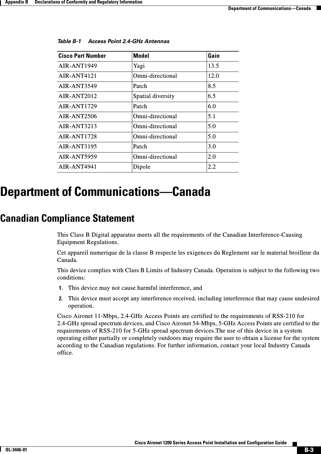 B-3Cisco Aironet 1200 Series Access Point Installation and Configuration GuideOL-3446-01Appendix B      Declarations of Conformity and Regulatory InformationDepartment of Communications—CanadaDepartment of Communications—CanadaCanadian Compliance StatementThis Class B Digital apparatus meets all the requirements of the Canadian Interference-Causing Equipment Regulations.Cet appareil numerique de la classe B respecte les exigences du Reglement sur le material broilleur du Canada.This device complies with Class B Limits of Industry Canada. Operation is subject to the following two conditions:1. This device may not cause harmful interference, and2. This device must accept any interference received, including interference that may cause undesired operation.Cisco Aironet 11-Mbps, 2.4-GHz Access Points are certified to the requirements of RSS-210 for 2.4-GHz spread spectrum devices, and Cisco Aironet 54-Mbps, 5-GHz Access Points are certified to the requirements of RSS-210 for 5-GHz spread spectrum devices.The use of this device in a system operating either partially or completely outdoors may require the user to obtain a license for the system according to the Canadian regulations. For further information, contact your local Industry Canada office.Table B-1 Access Point 2.4-GHz AntennasCisco Part Number Model GainAIR-ANT1949 Yagi 13.5AIR-ANT4121 Omni-directional 12.0AIR-ANT3549 Patch 8.5AIR-ANT2012 Spatial diversity 6.5AIR-ANT1729 Patch 6.0AIR-ANT2506 Omni-directional 5.1AIR-ANT3213 Omni-directional 5.0AIR-ANT1728 Omni-directional 5.0AIR-ANT3195 Patch 3.0AIR-ANT5959 Omni-directional 2.0AIR-ANT4941 Dipole 2.2